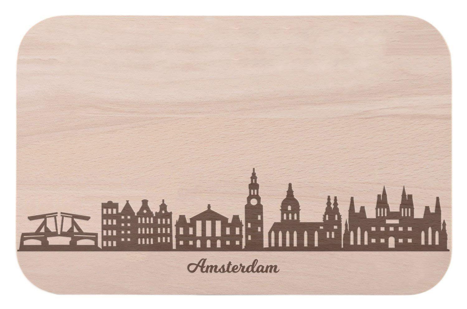 Brotzeitbrett Stadtverliebte Gravur Amsterdam Holz, für & Geschenk Amsterdam Schneidebrett - Skyline Fans (Kein als mit Set) ideal Souvenir, Frühstücksbrettchen & auch - GRAVURZEILE