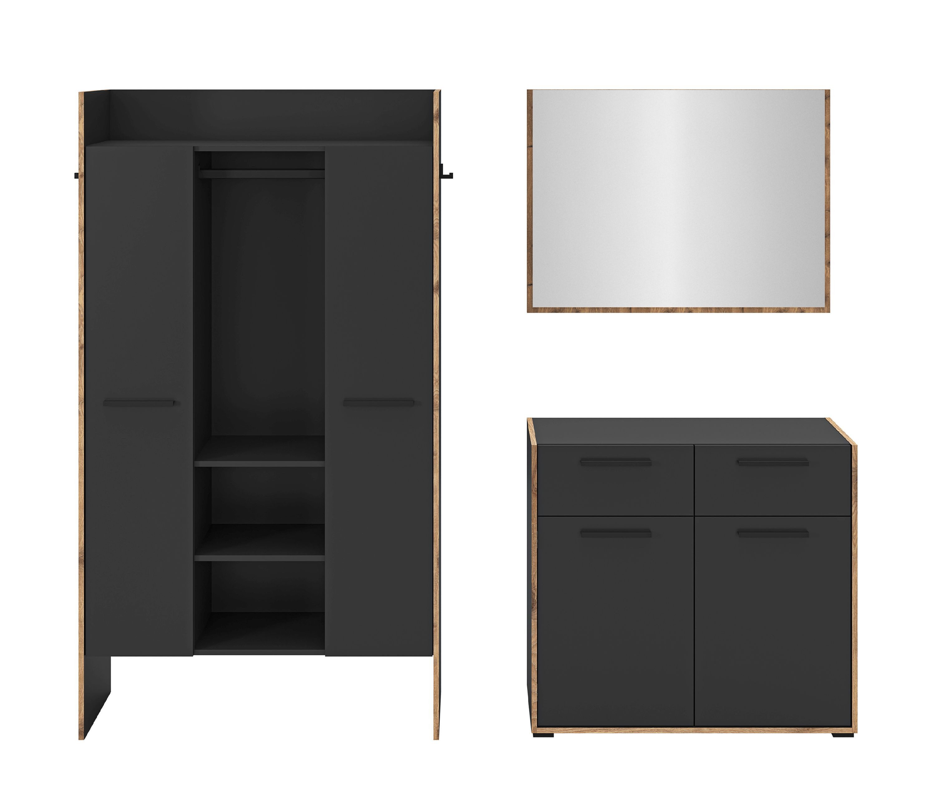 xonox.home Garderoben-Set Bueno, (3tlg. Set inkl. Garderobenschrank Breit, Kommode, Spiegel), Basalt Melamin Melamin beschichtet modern 215x189x37 cm