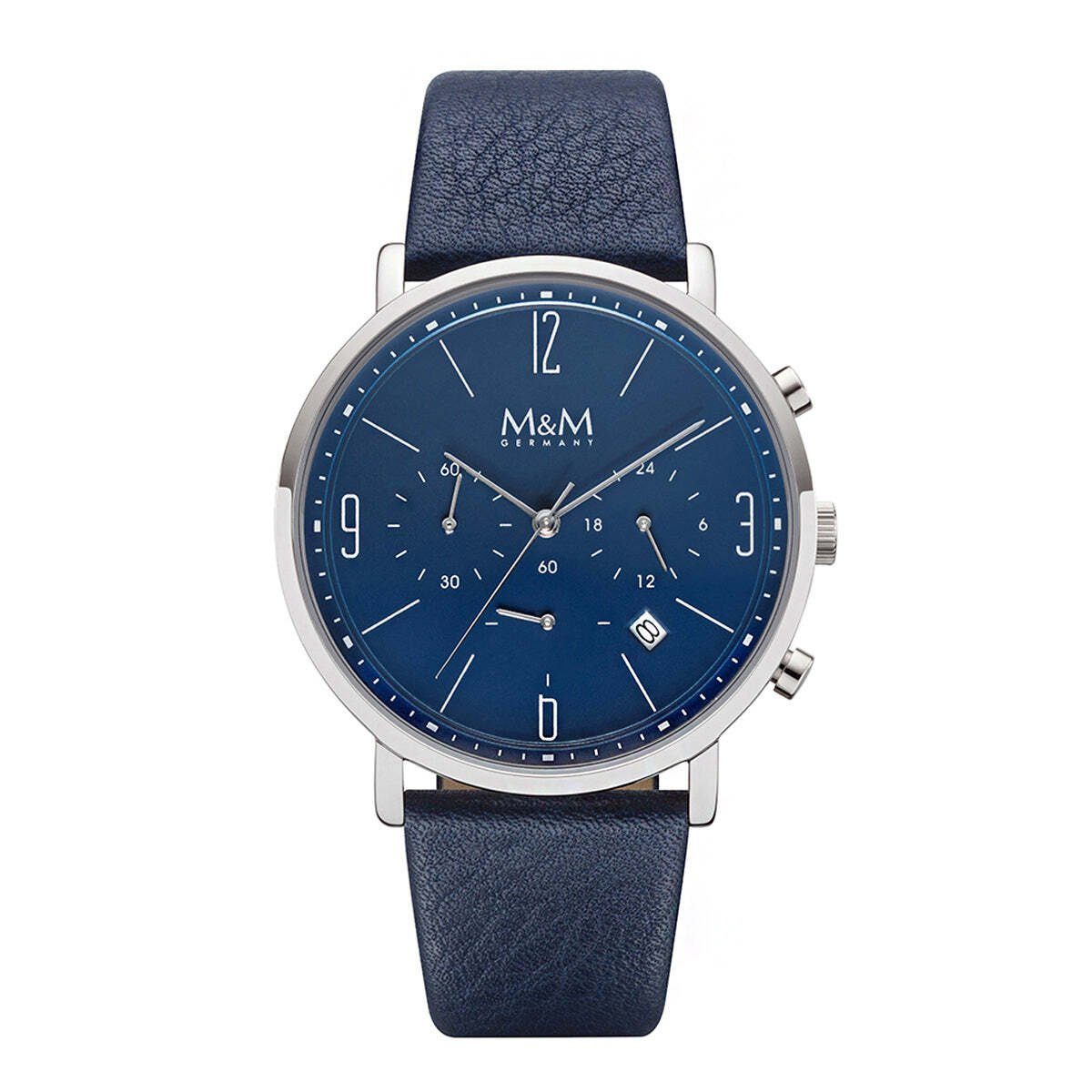 blau mit Chronograph, (1-tlg), Quarzuhr Designer Lederarmband Analoguhr rund Lederarmband, M&M Armbanduhr Uhr