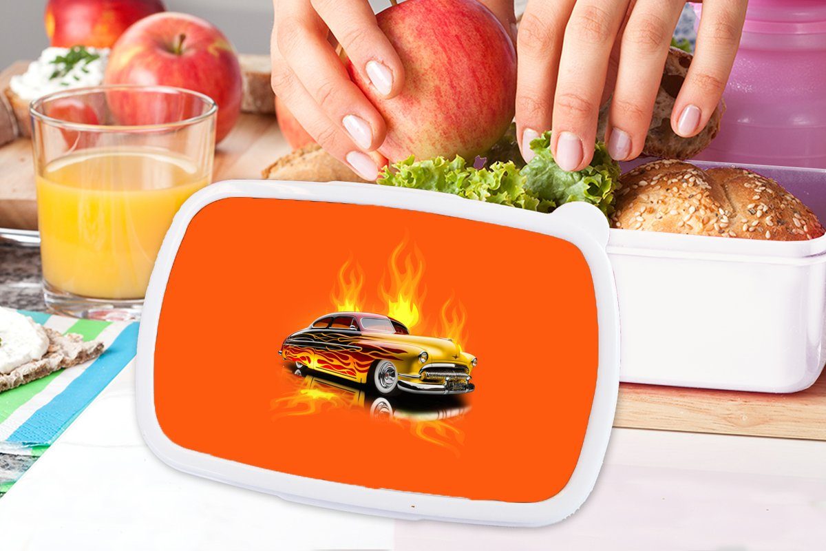 für und Erwachsene, Orange - Vintage, - Jungs Auto Brotbox für (2-tlg), Flammen Feuer und MuchoWow Brotdose, weiß Kunststoff, Kinder Mädchen - - Lunchbox
