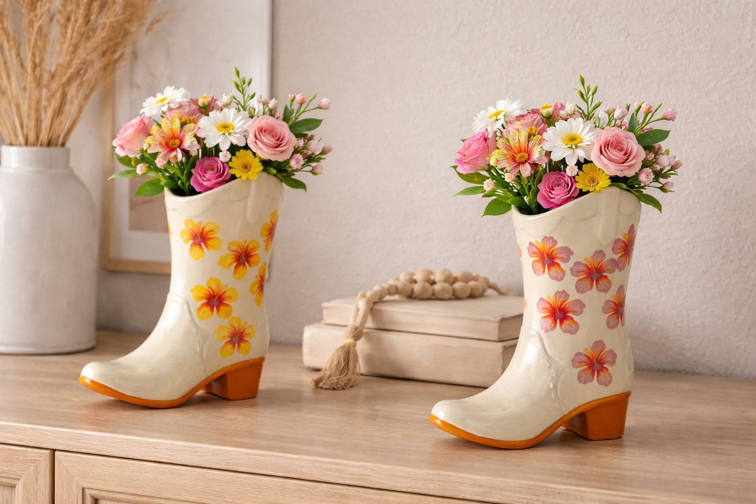 BOLTZE GRUPPE GmbH Dekovase Keramikvasen Set BloomBoots 2er Hibiskus Motiv Cremeweiß Stiefelform (2 St)