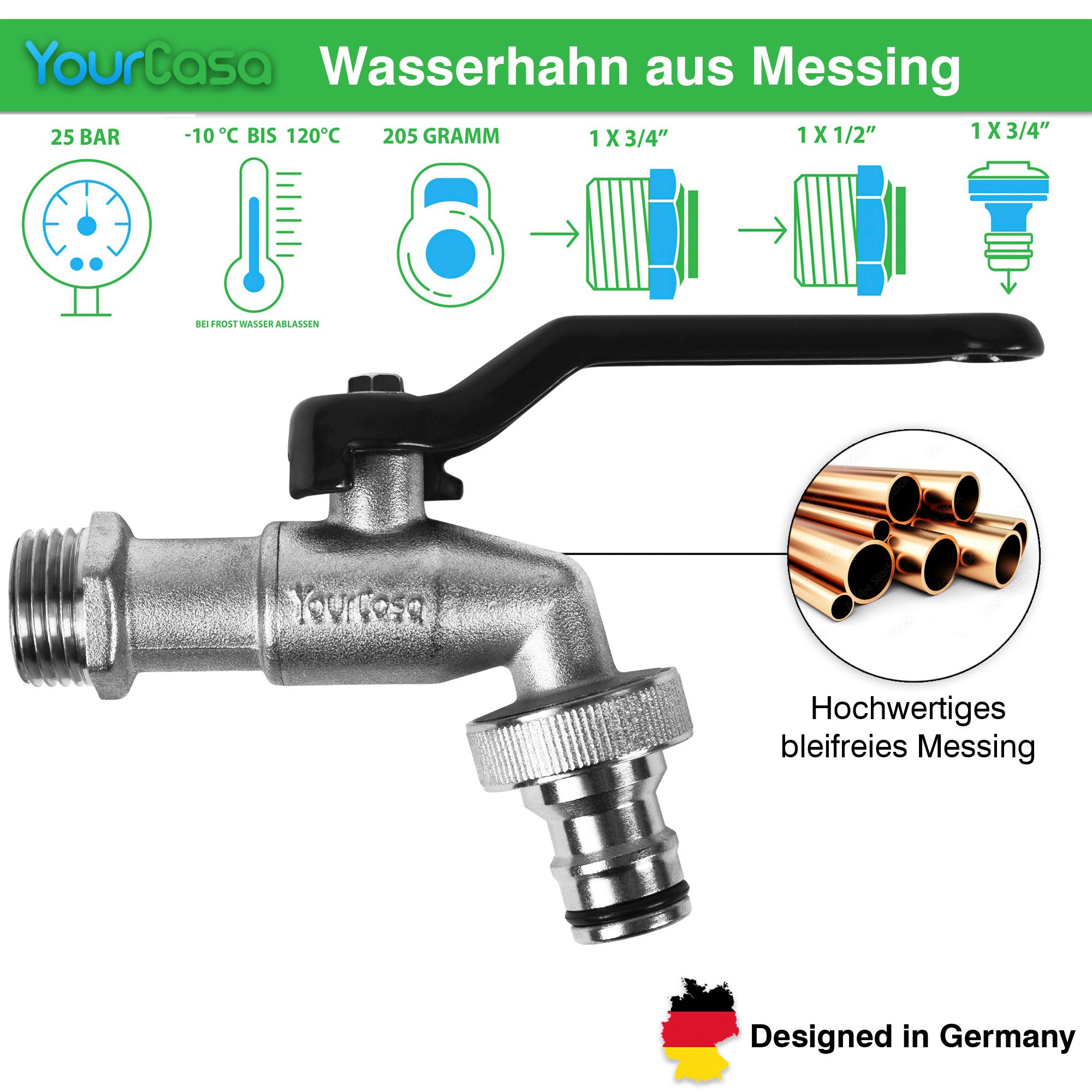 YourCasa Absperrventil Wasserhahn Garten 1/2 Zoll & 3/4 Zoll aus Messing, Messing, Schnellkupplung, Adapter auf 3/4 Zoll – Bild 5 von 5