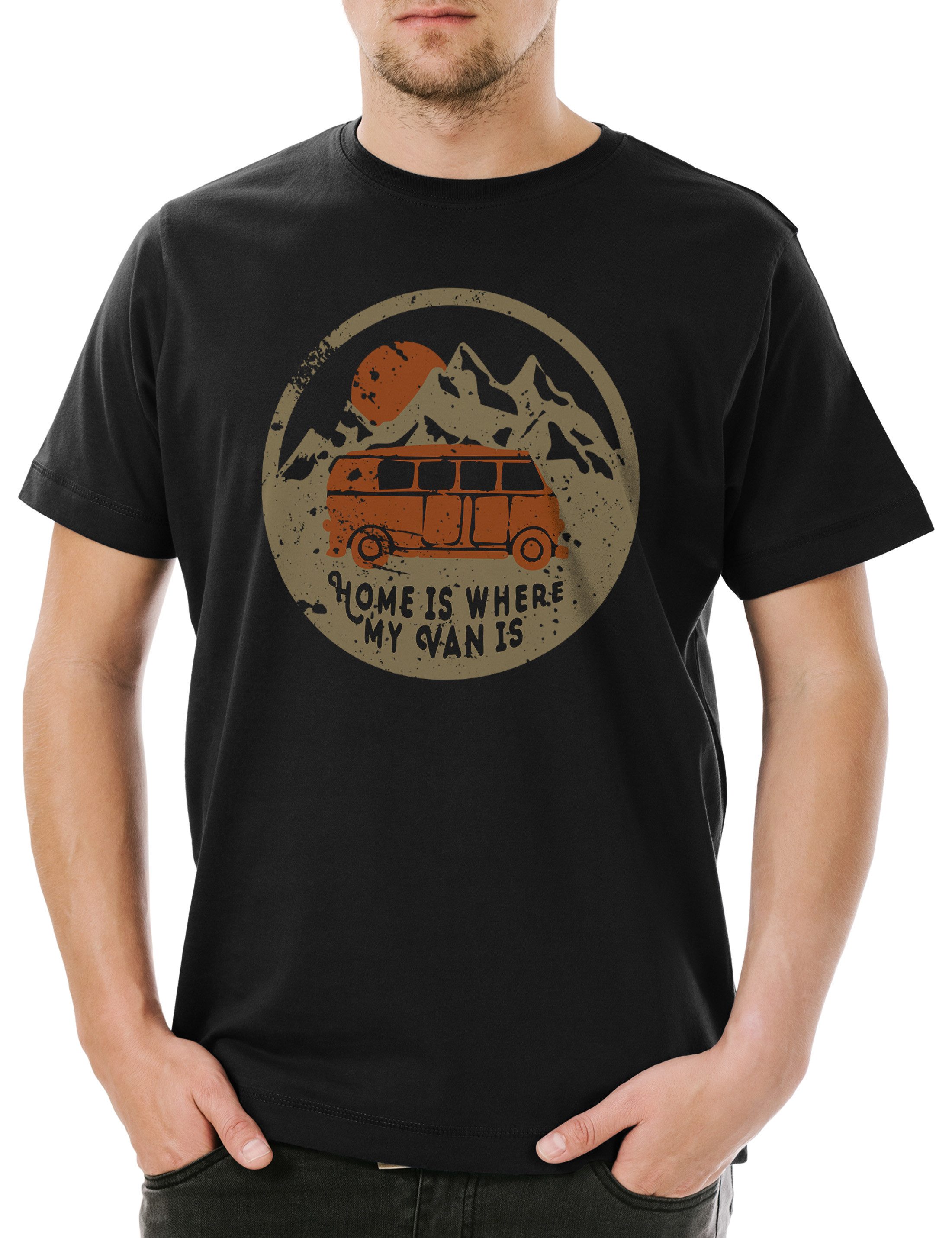 Urban Backwoods Print-Shirt Home Is Where My Van Is Herren T-Shirt Campen Camping Camper Vanlife (1-tlg) Road Trip Zelten Zelt