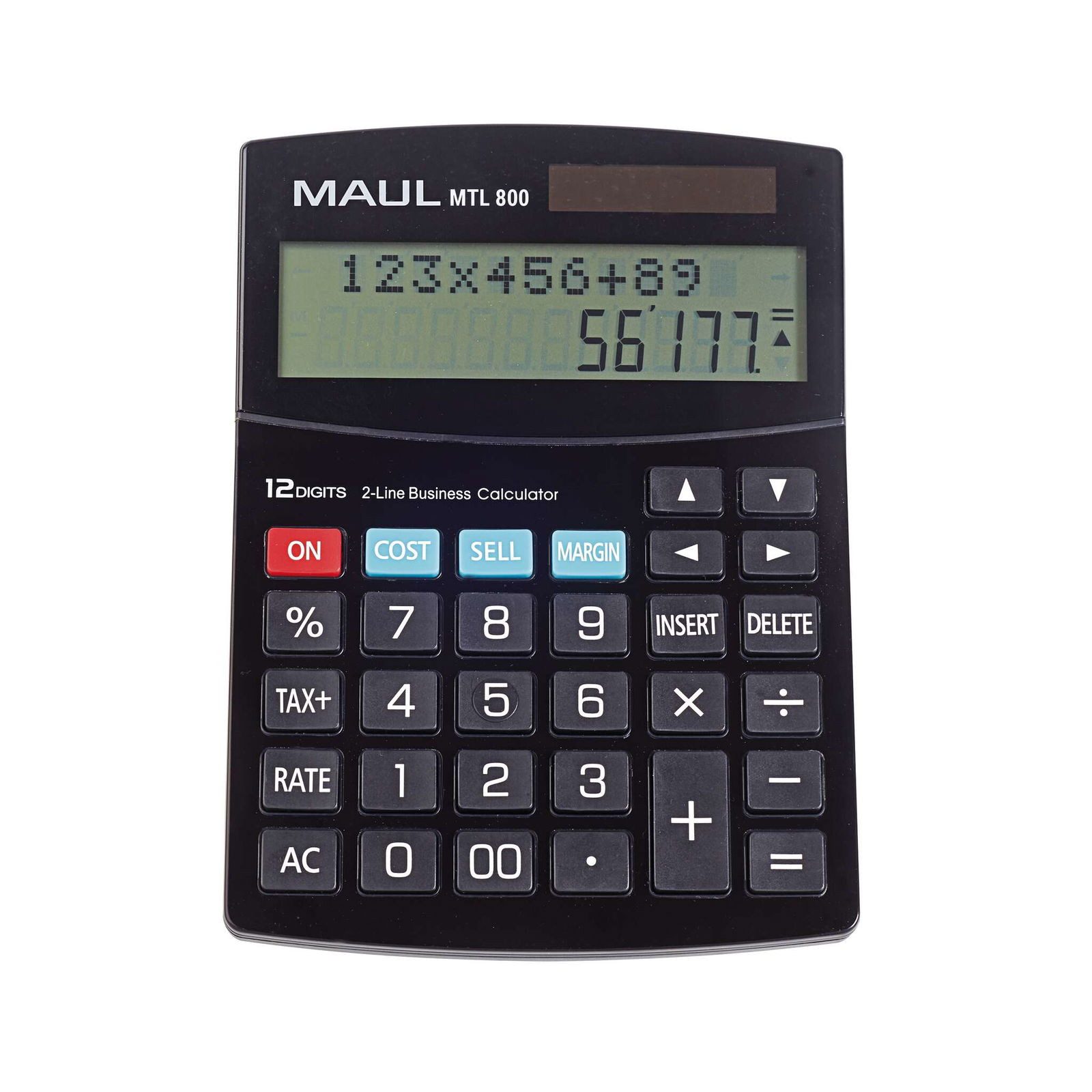 MAUL Taschenrechner mit kaufmännischen Funktionen, 12-stelliges Display mit 2 Zeilen, Steuerberechnung, Gewinnspannenberechnung, inkl. Gerätebeatterie