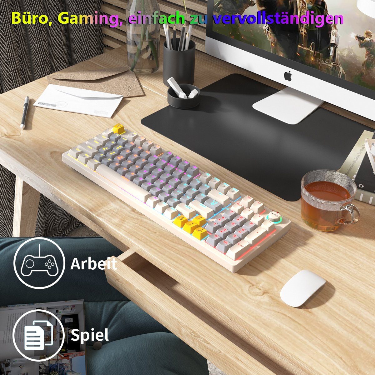 BUMHUM Nicht deutsche Tastatur Echte Weiß Tastatur,RGB-Beleuchtung Doppel- Gaming-Tastatur mechanische Kabe) mit RGB-Gaming-Tastatur und Dreifarbige (Zweifarbige