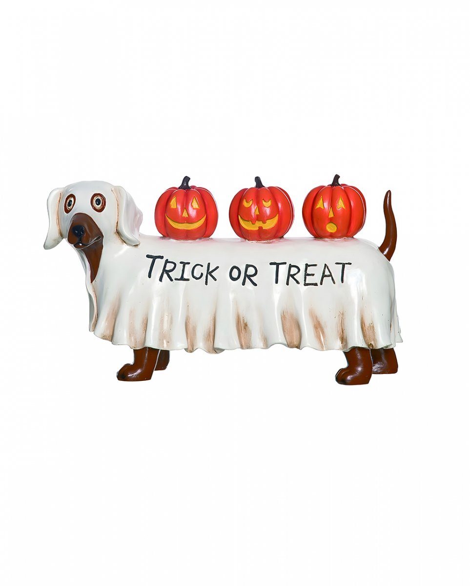 Horror-Shop Dekofigur Trick or Treat Halloween Dackel im Geister Kostüm