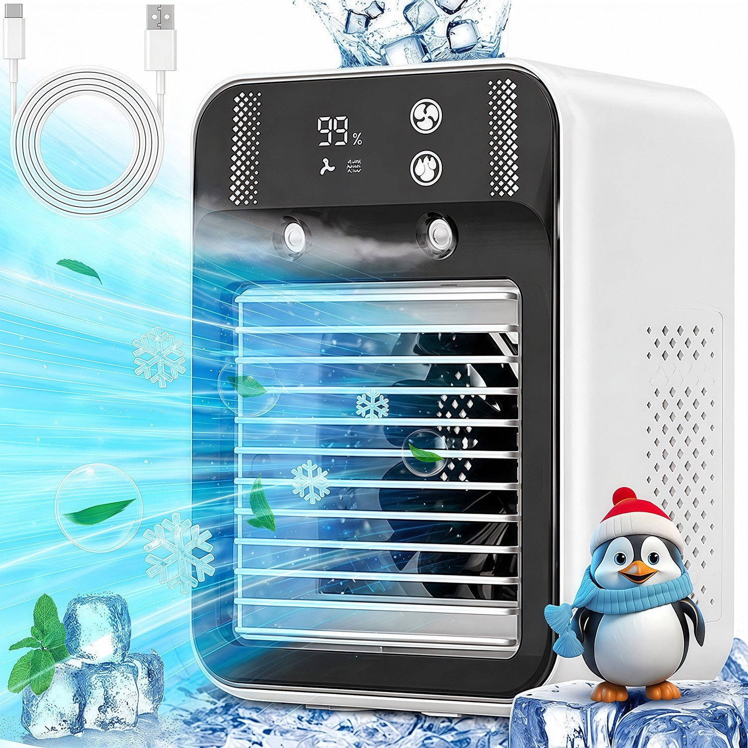 MOPUEA Ventilatorkombigerät 2-in-1 Luftkühler mit Befeuchtungsfunktion Ventilatorkombigerät, Nano-Zerstäubung für effektive Kühlung