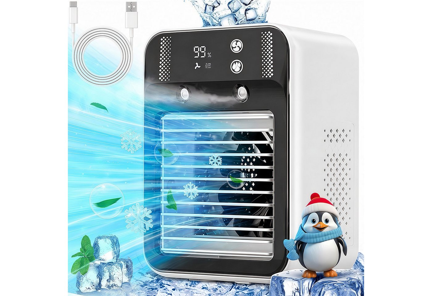MOPUEA Ventilatorkombigerät 2-in-1 Luftkühler mit Befeuchtungsfunktion Ventilatorkombigerät, Nano-Zerstäubung für effektive Kühlung