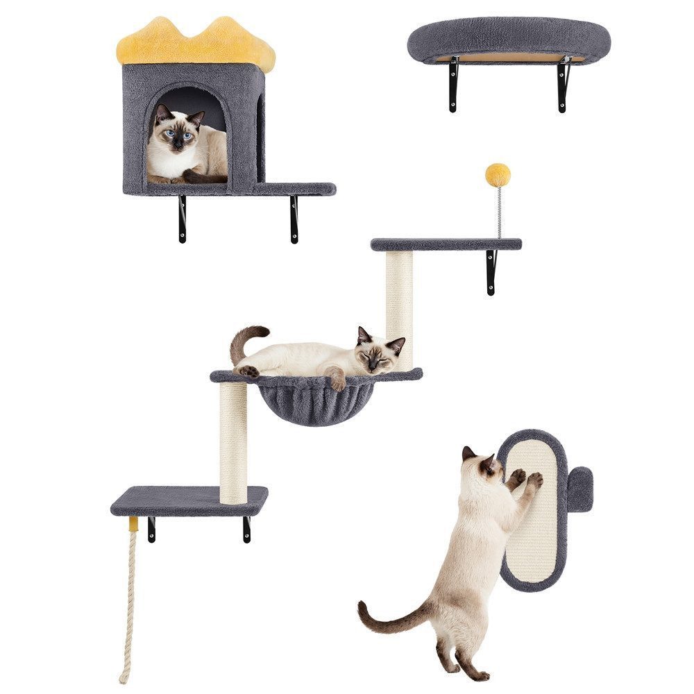 Yaheetech Katzen-Kletterwand Katzenmöbel-Set 4 teilig, mit Katzenhöhle & Katzenliege & Plattformen & Katzenkorb