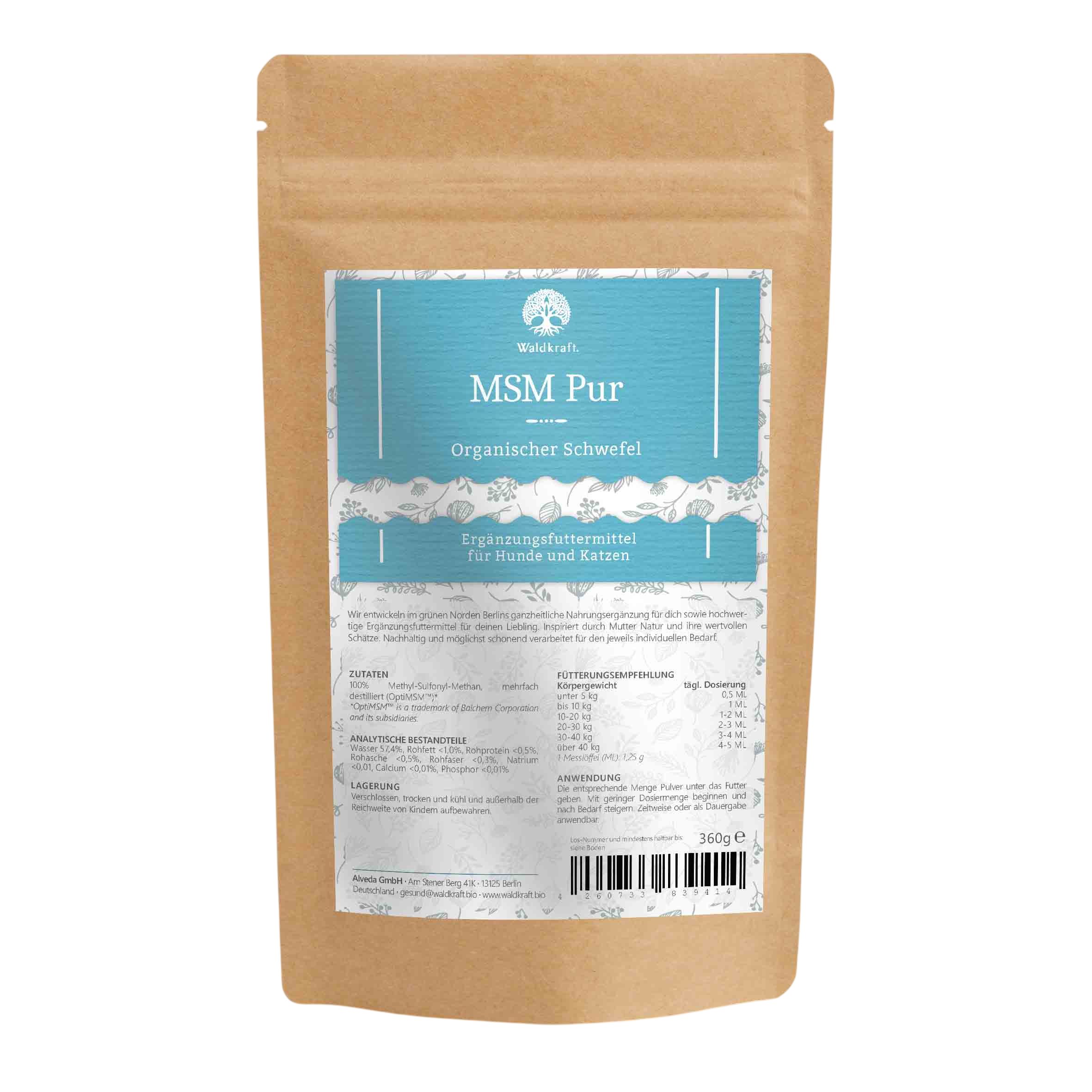 Waldkraft. MSM Pur – Organischer Schwefel für Hunde und Katzen Nachfüllbeutel, für: Hund, Katze, 100 % OptiMSM®, ohne Zusatzstoffe, ohne Füllstoffe