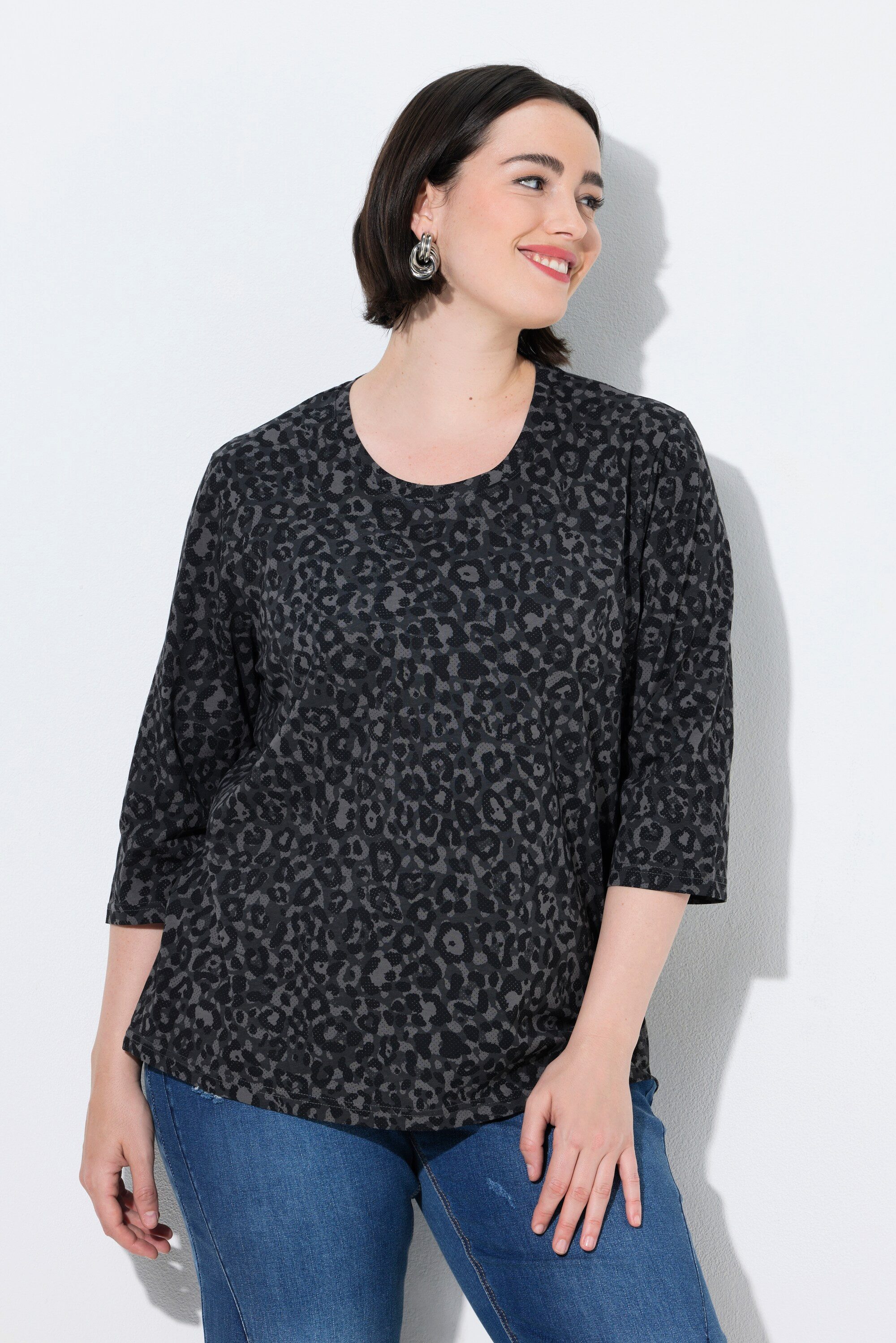 Ulla Popken T-Shirt Shirt Leomuster Rundhalsausschnitt 3/4-Arm