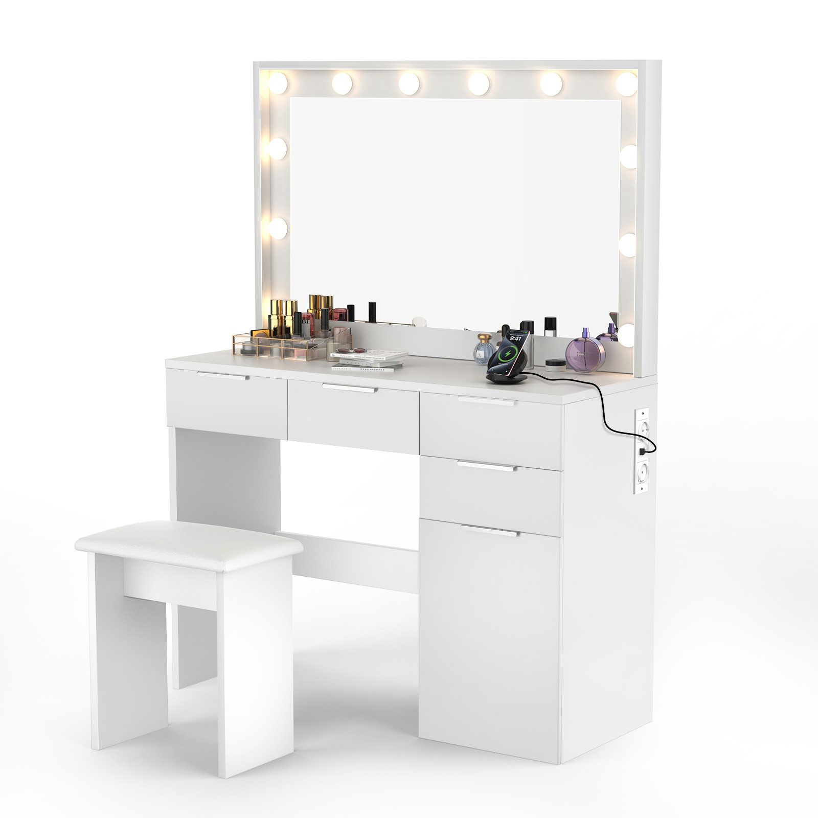 oyajia Schminktisch mit Spiegel und LED-Leuchten, Steckdosenleiste, Schubladen (1 Schränke, 12 dimmbare Glühbirnen, 3 Lichtfarben), Mit Hocker,für Ihr perfektes Make-up-Erlebnis