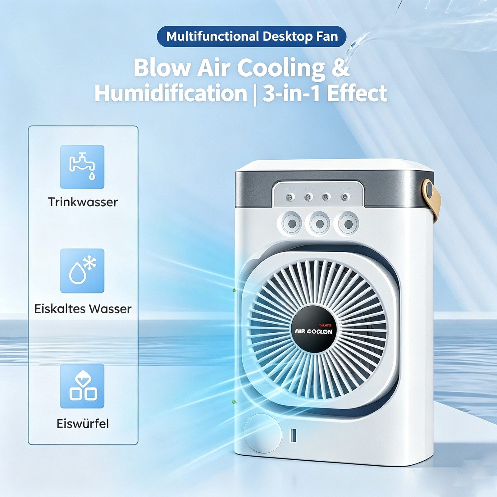 MOPUEA Ventilatorkombigerät 2-in-1 Luftkühler mit Sprühnebel 600ml 3Stufen LED-Licht Timer, Sprühnebel, 7 Farben, 3 Windstufen, Timer und integrierter Tragegriff.