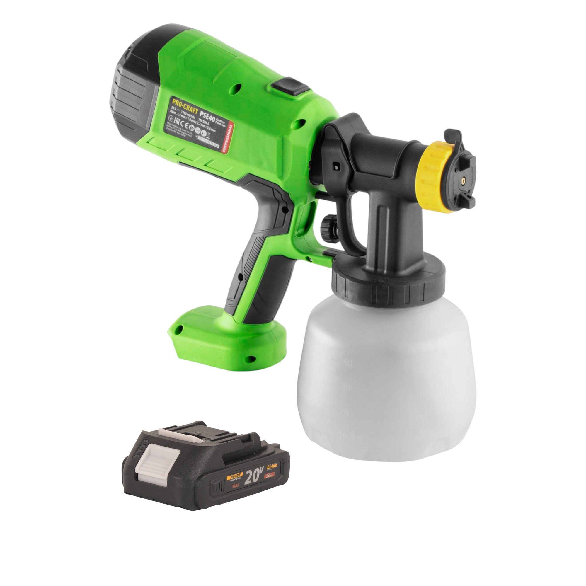 PRO CRAFT Farbsprühgerät PSE40bb Akku Farbspritzpistole 20 V + 1x Akku 2,0 Ah - ohne Ladegerät