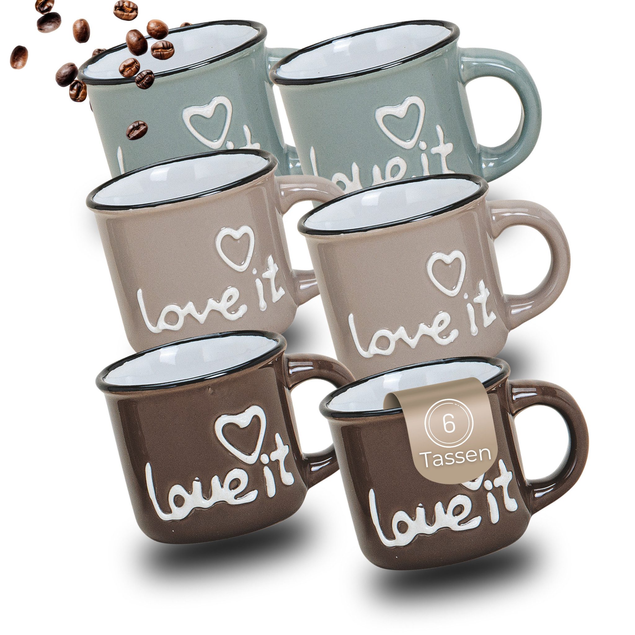 matches21 HOME & HOBBY Tasse Espresso-Tassen Love It Spruch 6er Set dickwandige Keramik, 50 ml, 6-tlg., Keramik, Kleine Landhaus-Stil Vintage Henkel Herz Kaffee-Tassen