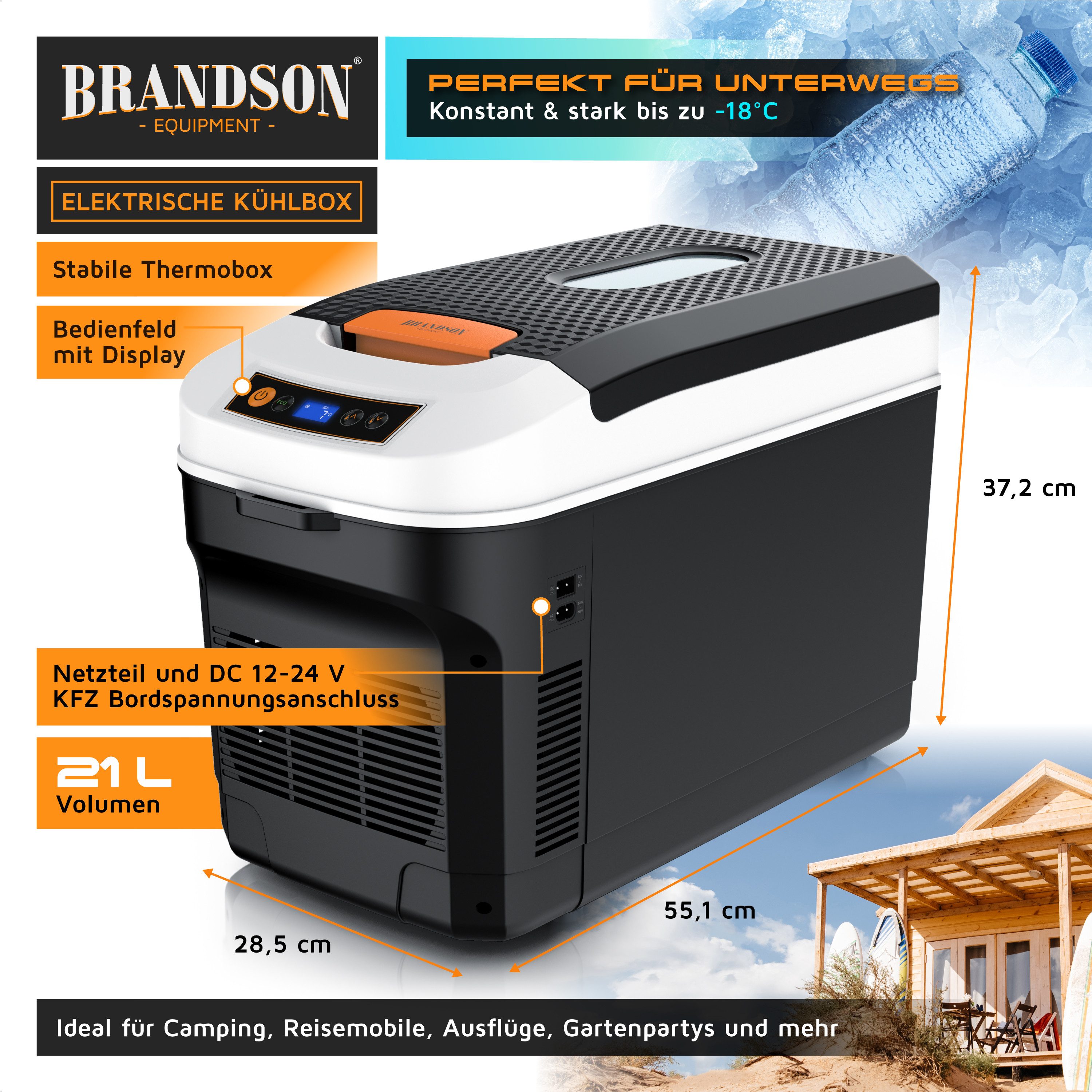 Brandson Elektrische Kühlbox 21 L, Kühlt & hält Warm, von -18 bis +65°C,  Sichtfensterdeckel, 21 l, LCD-Display, ECO-Modus, Tragegurt, mobil und leise, für Camping, Auto