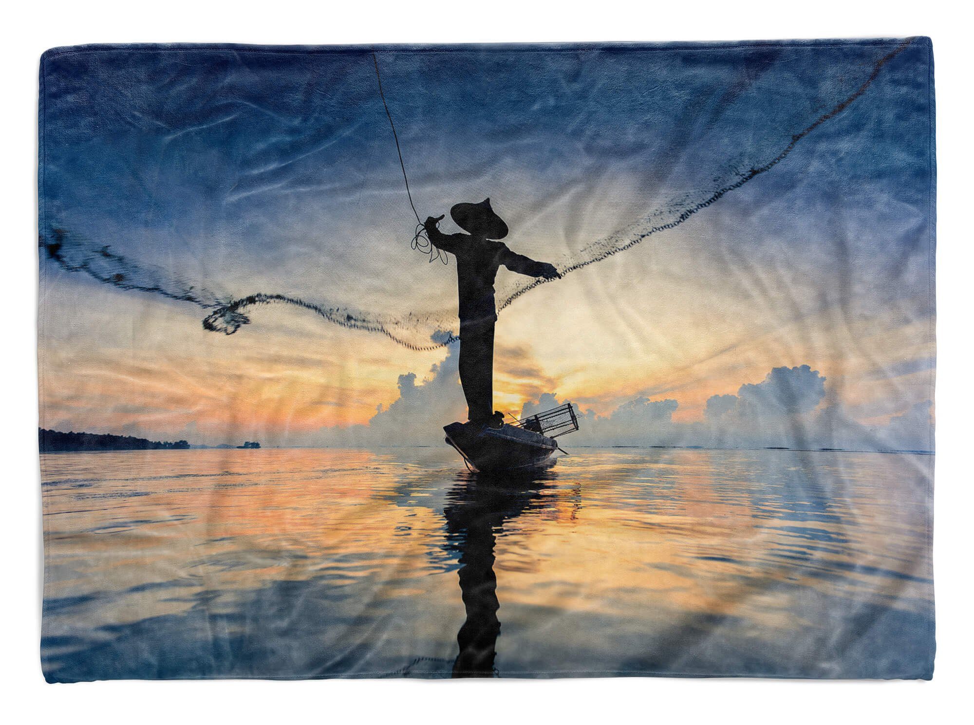 Fotomotiv Fischer Kuscheldecke Saunatuch Sinus Art Baumwolle-Polyester-Mix Handtuch Handtuch Handtücher Netz, mit Meer Strandhandtuch (1-St),