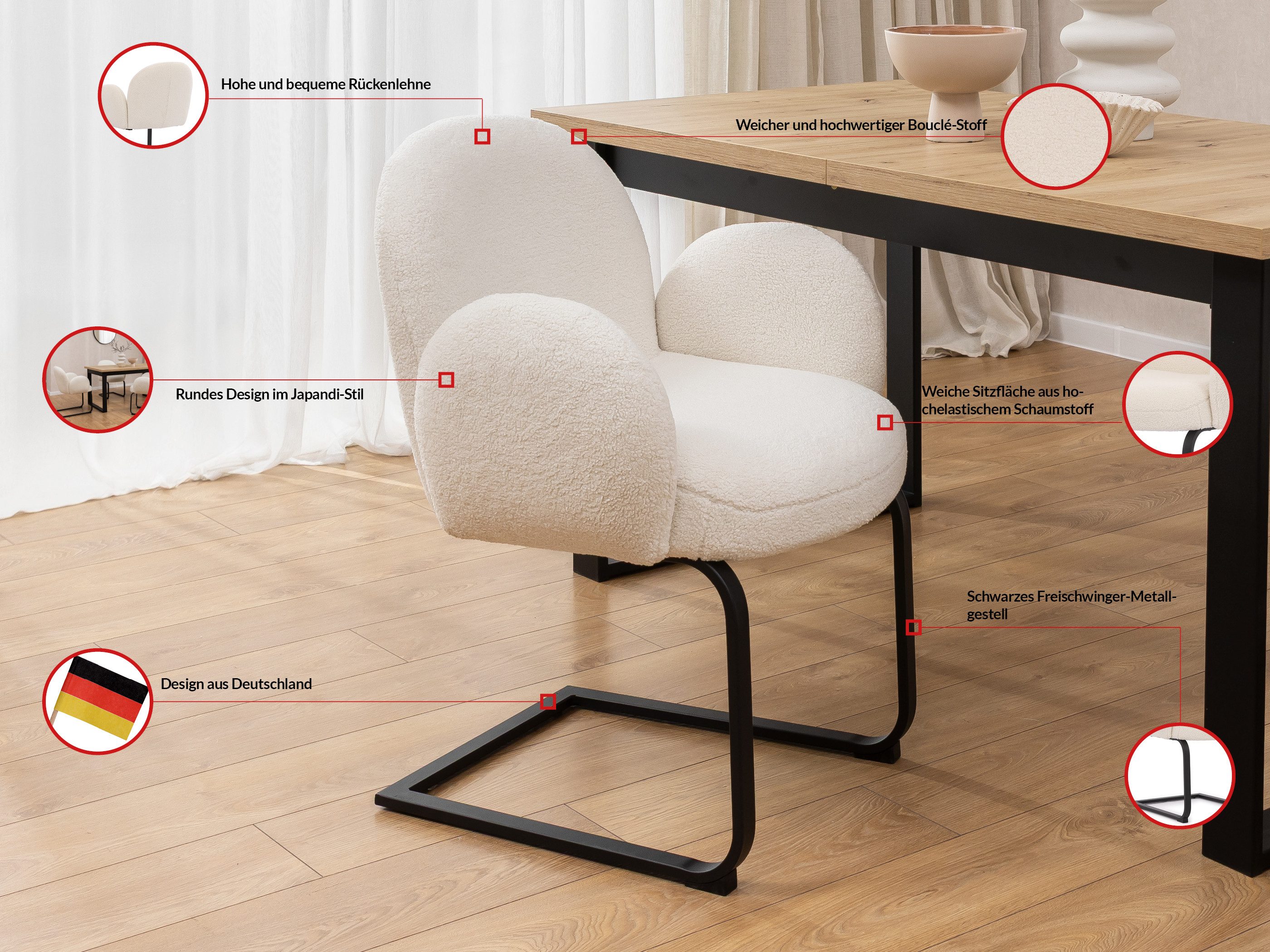 S-Style Möbel Polsterstuhl Vela im Japandi Stil aus weißem Bouclé mit schwarzem Metallgestell