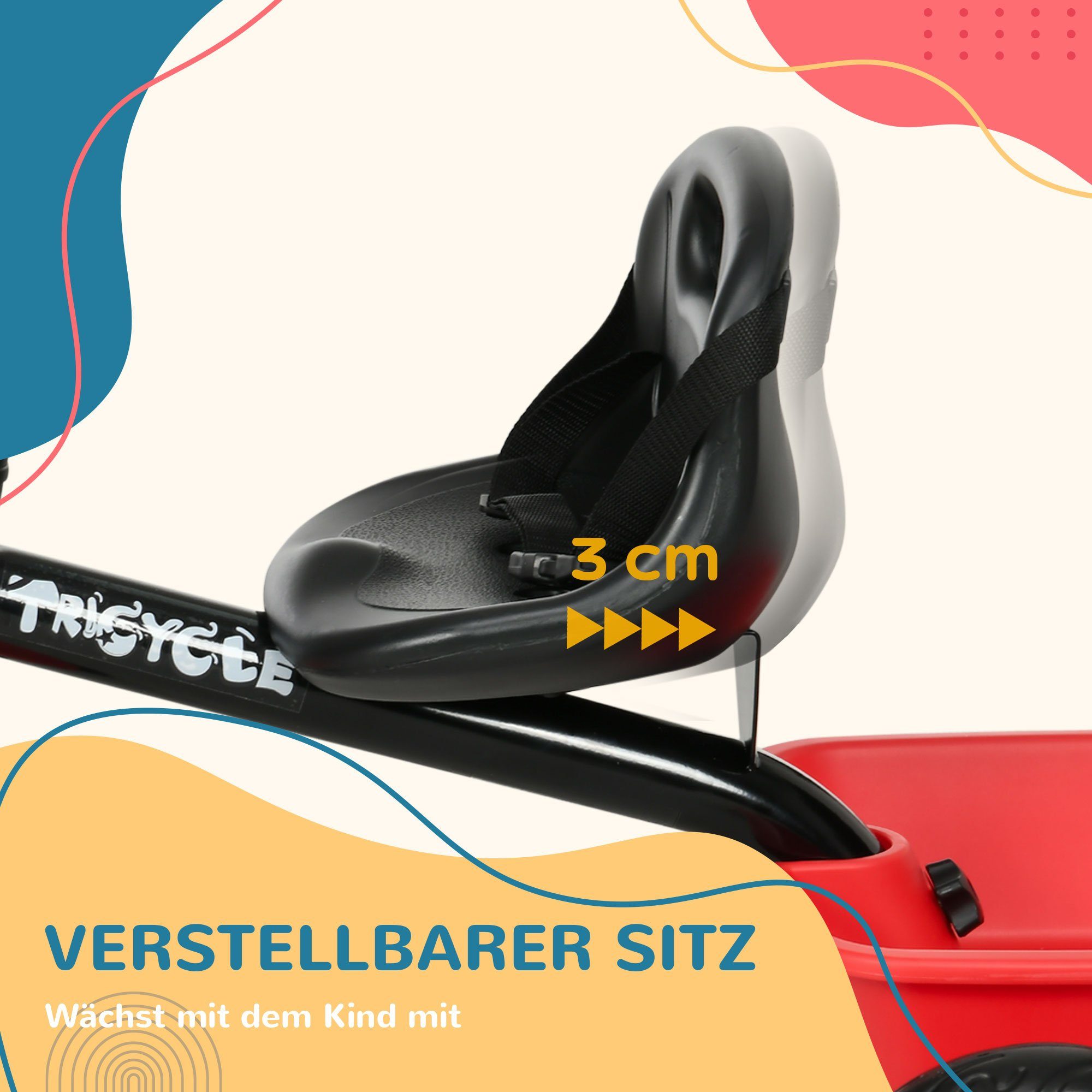 AIYAPLAY Dreirad Kinderdreirad Kinderfahrrad mit Beckengurt Pedalen, Fahrradkorb, Rot+ Schwarz