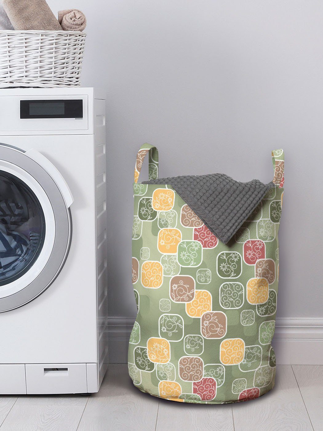 Abakuhaus Wäschesäckchen Wäschekorb mit Quadrate Waschsalons, Kordelzugverschluss Geometrische Blumen Griffen für Strudel