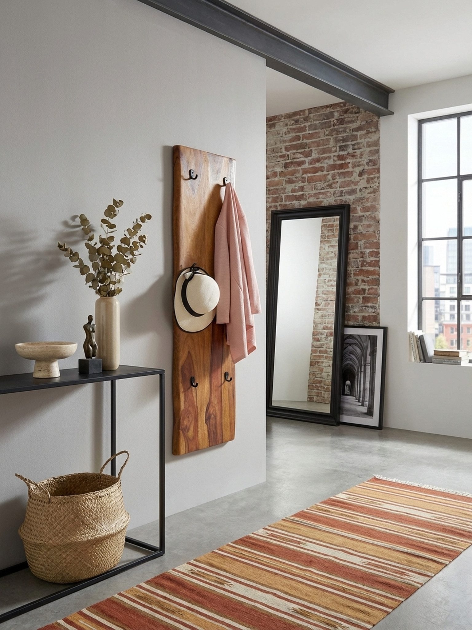 KADIMA DESIGN Wandgarderobe Wandgarderobe Massivholz Metall 40x140x7 cm mit Baumkante Garderobe (Garderobe Holz), Design Hakenleiste 2-Reihig Flurgarderobe Wand