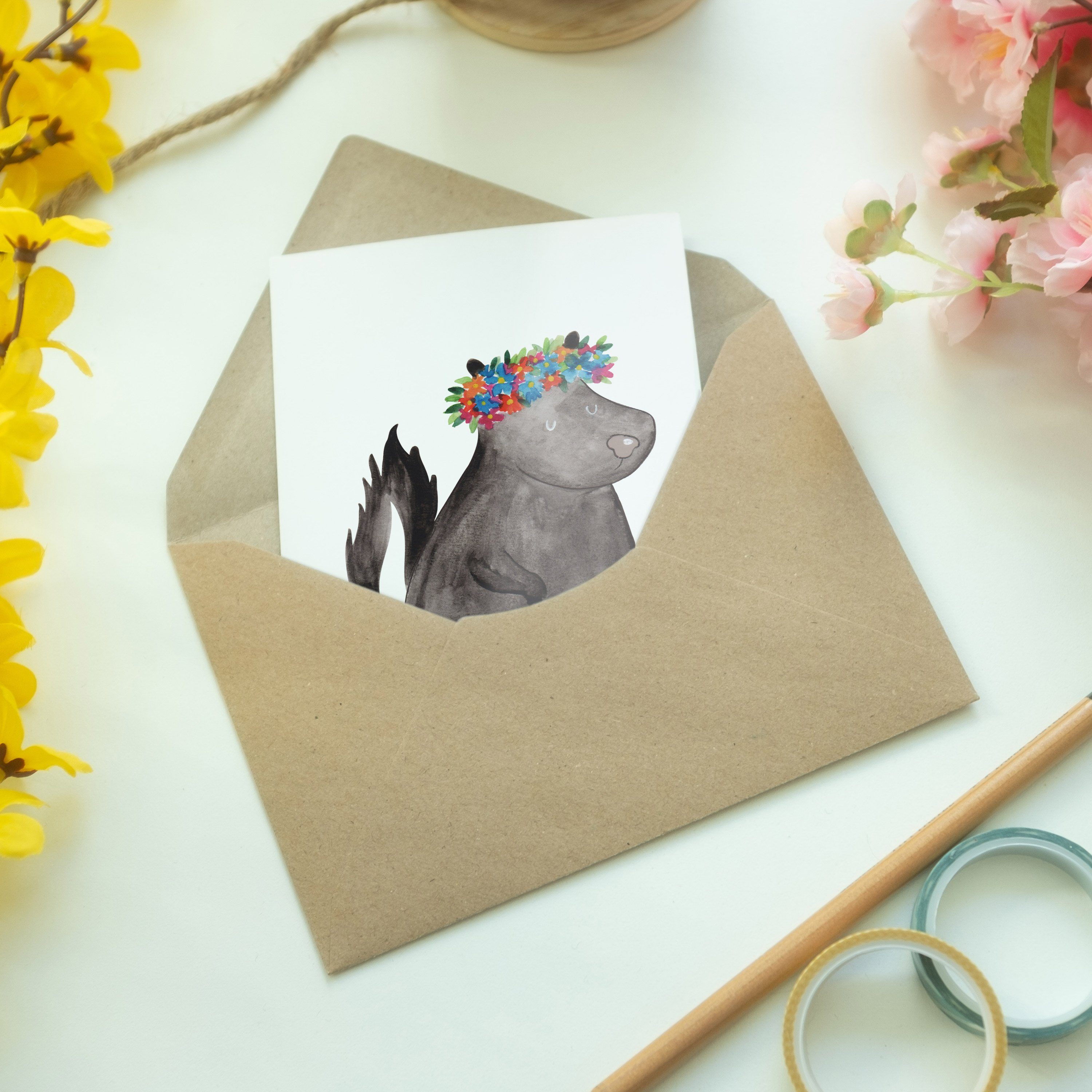 Panda Mrs. Grußkarte & - Weiß Blumenmaedchen Einladungskarte Geschenk, Namaste, Stinktier - Mr.