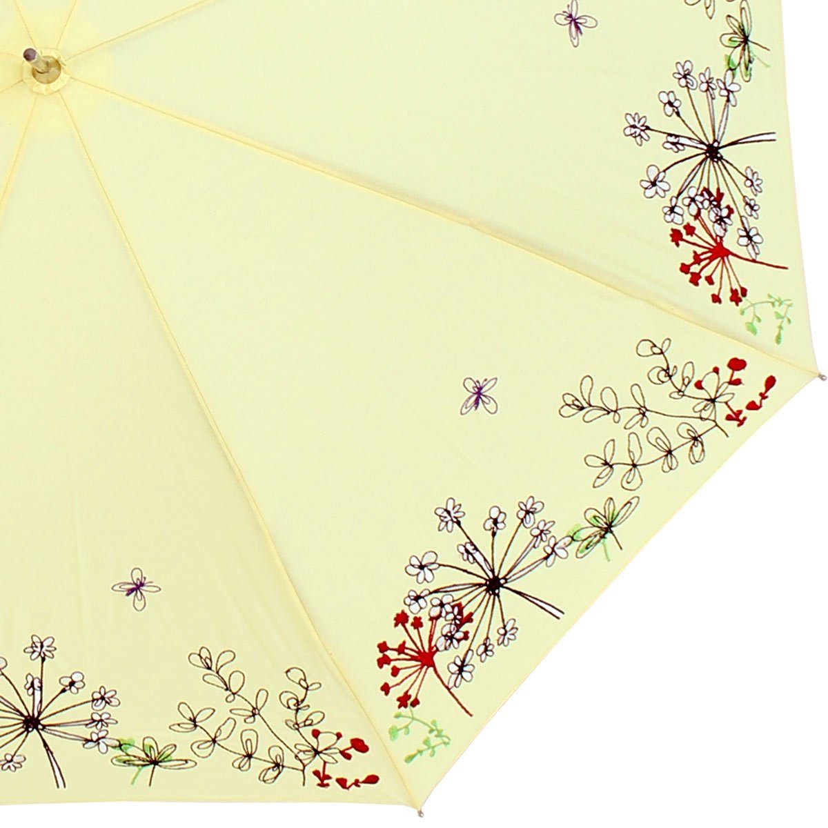 doppler® Langregenschirm Sonnen und der mit besteht transparentem Lady gelb aus Griff ist wunderschön Regenschirm bestickt, - Butterfly, der Kunststoff Schutz Rand UV Wiesenblumen