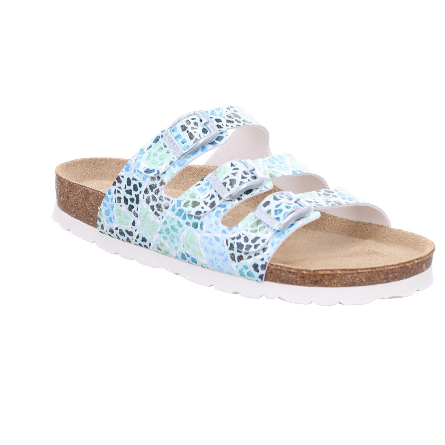 Rohde Alba Pantolette Sommerschuh, Schlappen, Hausschuh mit buntem Druck, G-Weite = weit