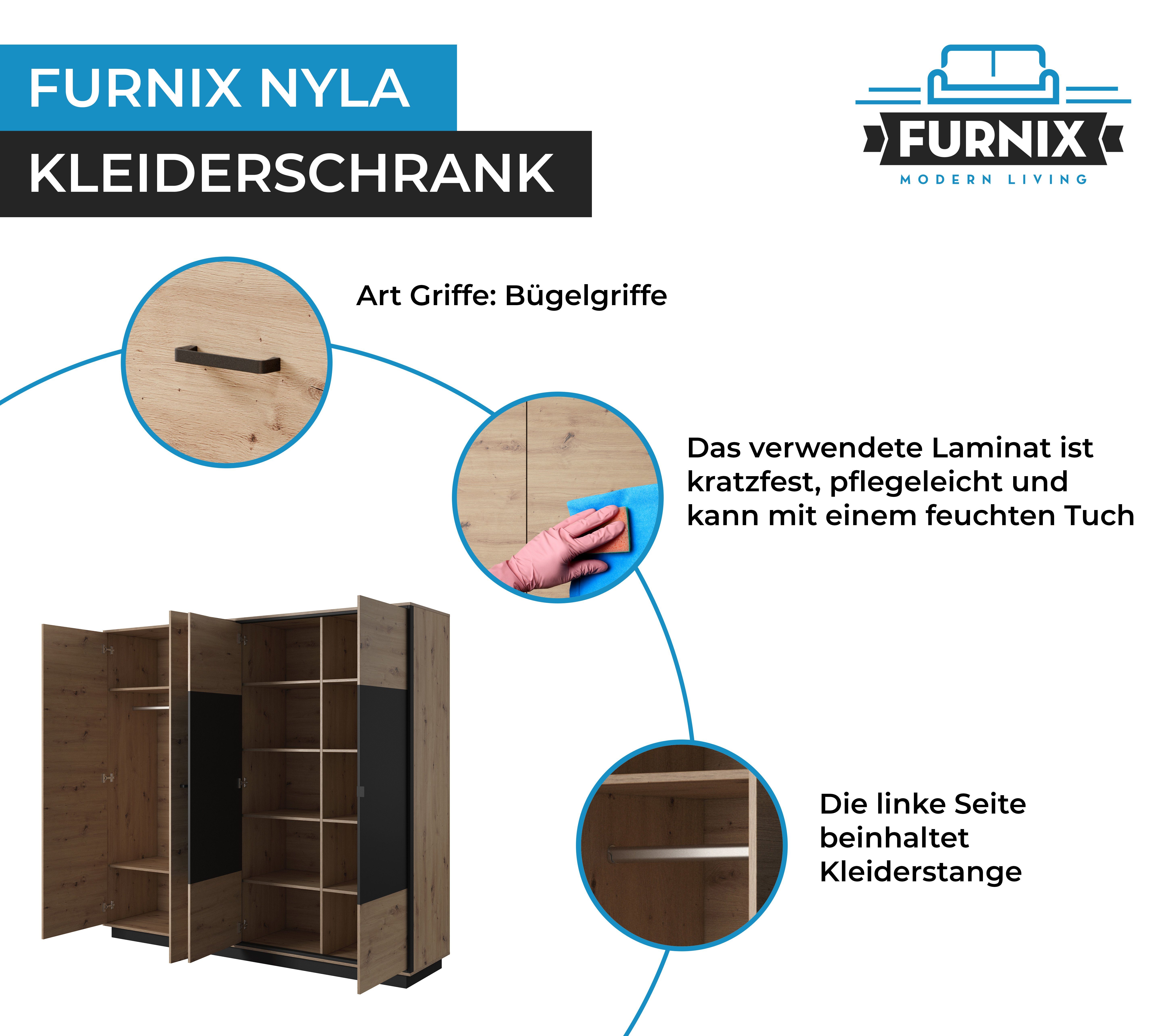 Furnix Kleiderschrank 12 Anthrazit Artistan-Eiche x in Kleiderstange, Made H210,4 cm T60 NYLA x Fächer, LED ohne Schrank B220 4-türiger Europe