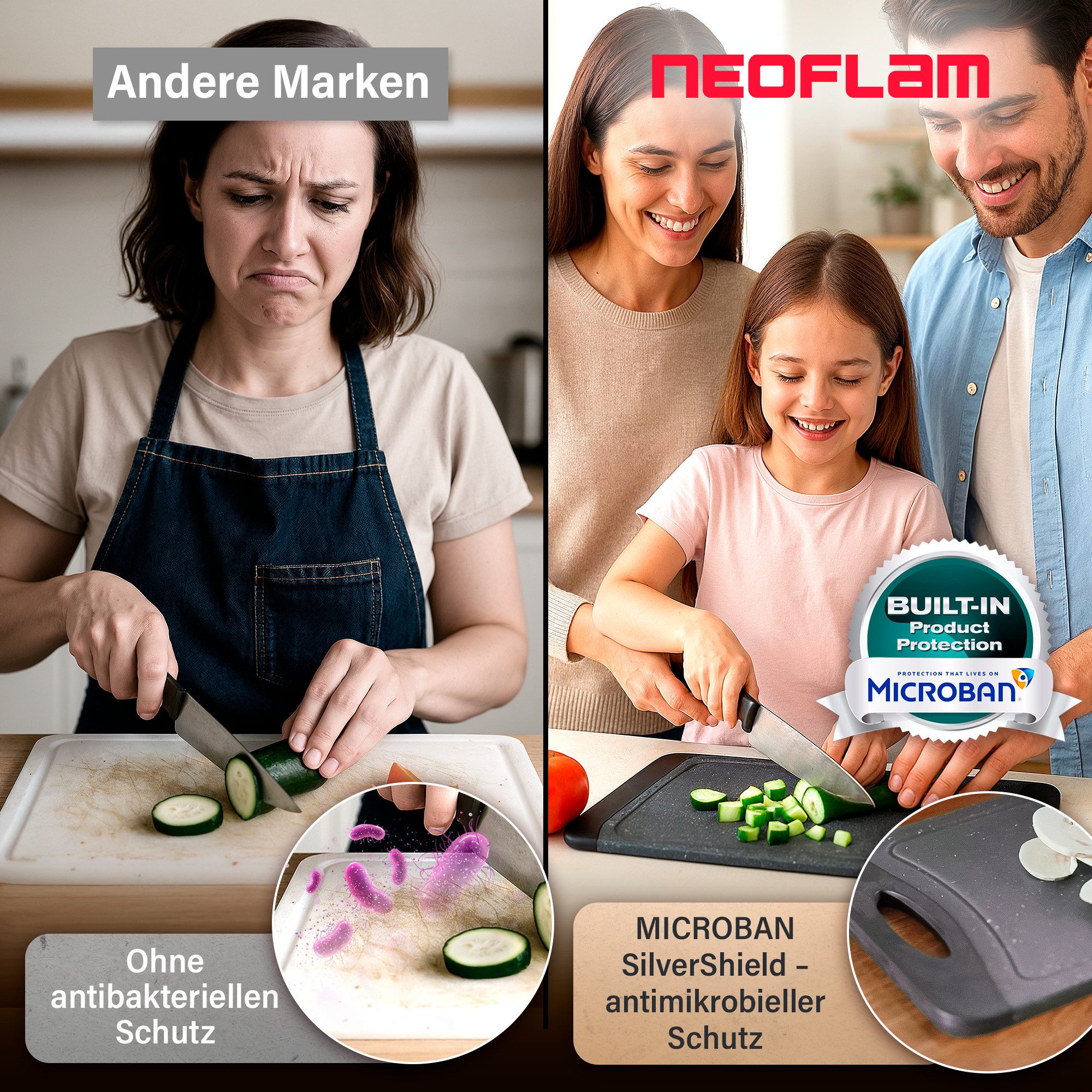 NEOFLAM® Schneidebrett Flutto Antibakterielles Frühstücksbrettchen Set 4tlg. - Granit/Schwarz, Kunststoff (PP), (4-St) – Bild 5 von 5