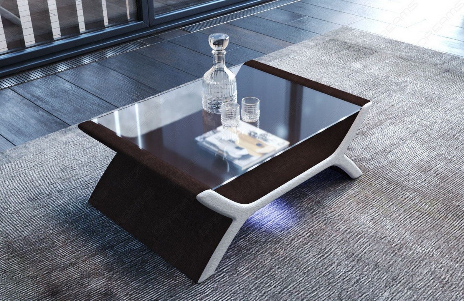 Sofa Dreams Couchtisch Calabria Tisch Stoff mit Sicherheitsglasplatte 12mm, Strukturstoff Bezug in Graubraun, Akzentfarbe Kunstleder Weiß