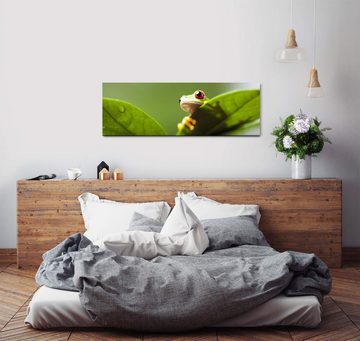 möbel-direkt.de Leinwandbild Bilder XXL Frosch grün mit Blättern Wandbild auf Leinwand