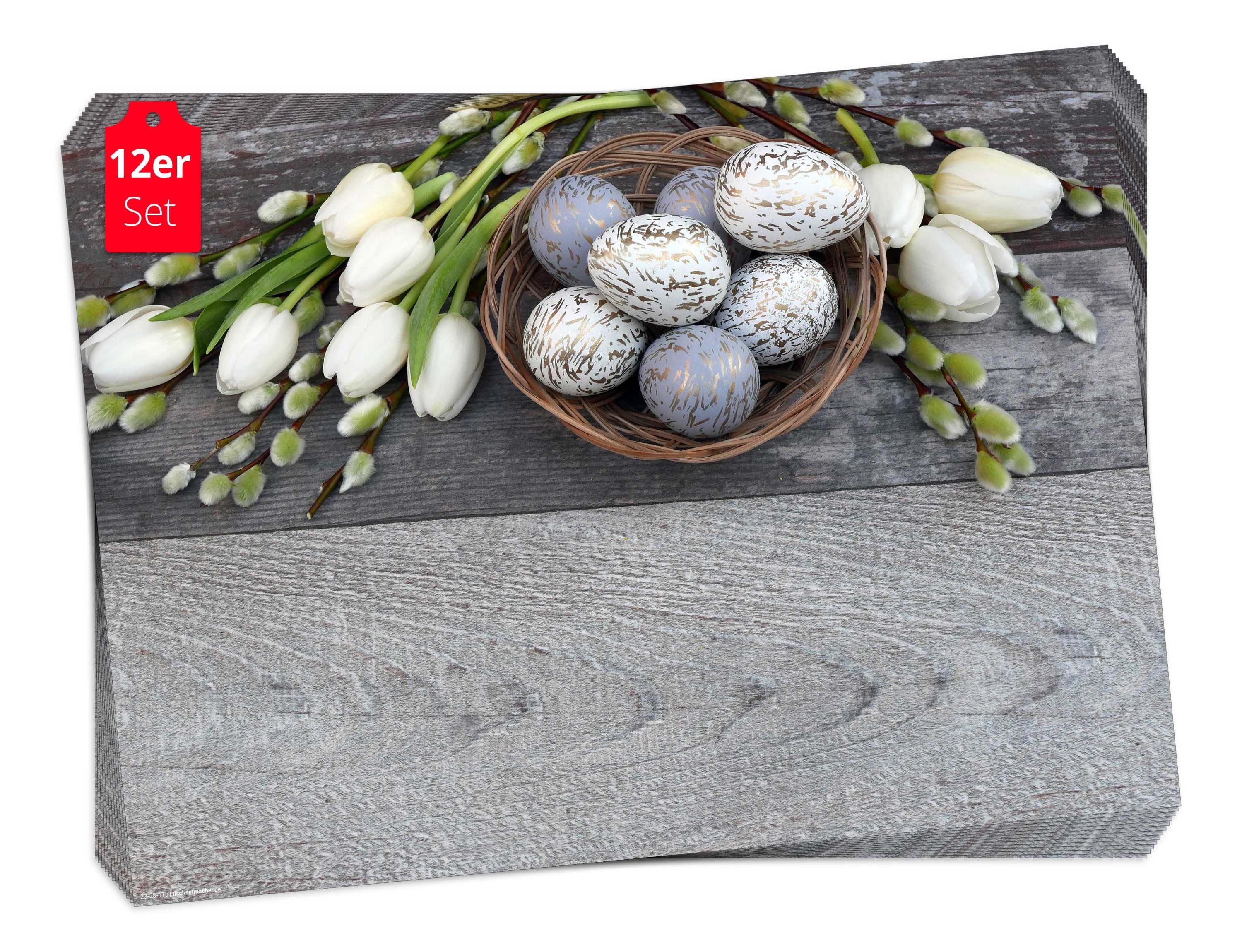 Tischsetmacher Platzset Tischset Frühling, Ostern & Blumen - Weiße Tulpen mit Ostereiern, (aus Naturpapier in Aufbewahrungsmappe, 12-St., 44 x 32 cm / weiß-grau), Made in Germany