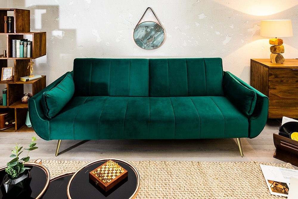 Retro Design Teile, DIVANI gold, · 220cm smaragdgrün Bettfunktion 1 riess-ambiente · · Einzelartikel Couch · mit Schlafsofa / Wohnzimmer Samt 3-Sitzer
