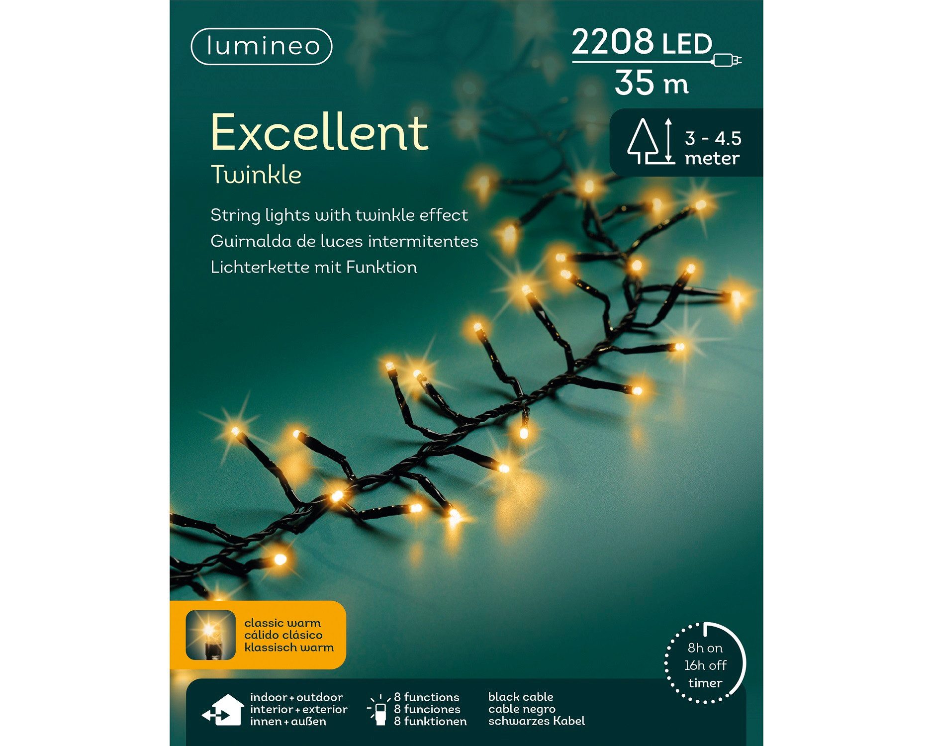 Lumineo LED-Lichterkette Lumineo Lichterkette EXCELLENT TWINKLE 2208 LED 35 m klassisch warm, Indoor/Outdoor, 8 Effekte, 8h-Timer, + 5 Meter Zuleitung