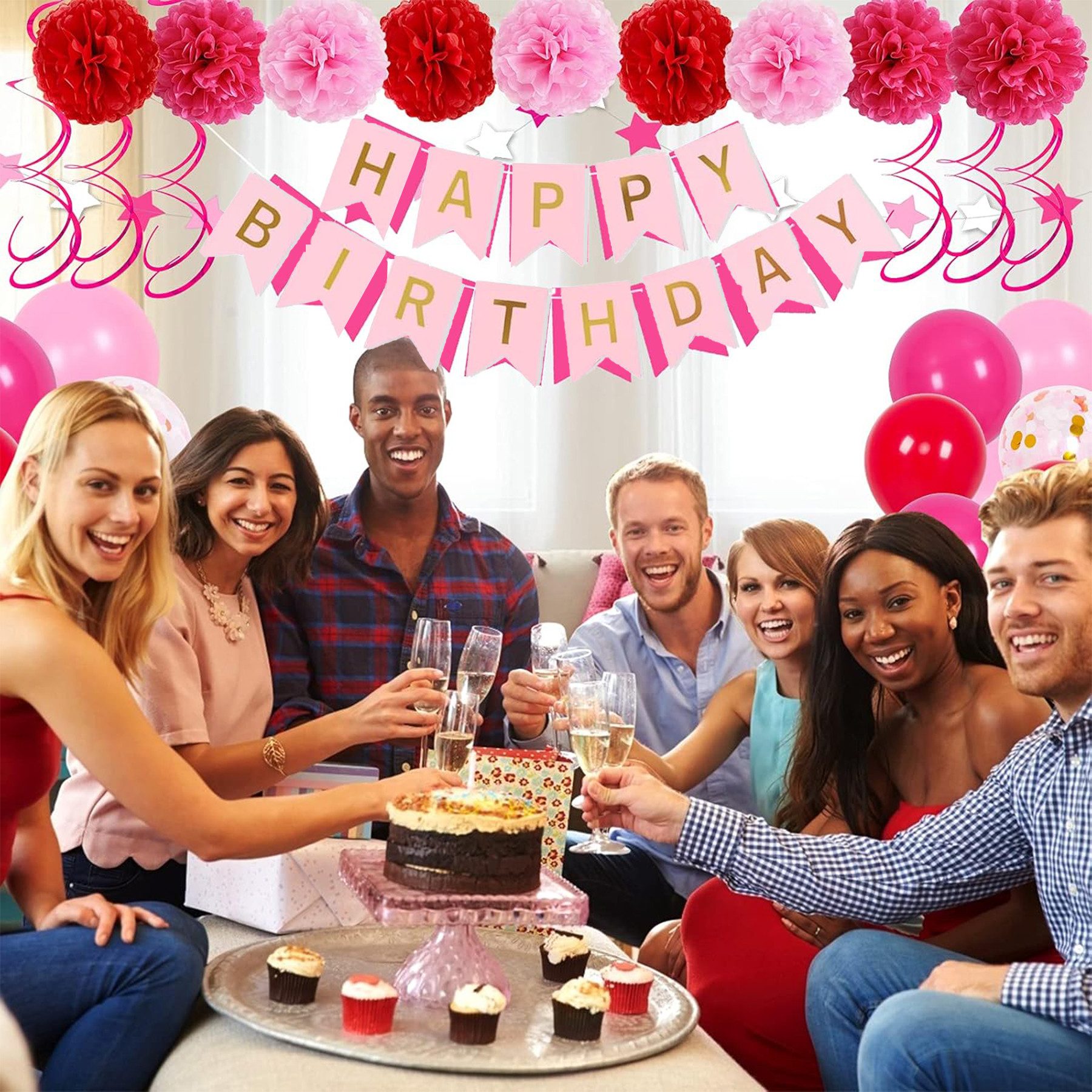 Mutig Hängedekoration Geburtstagsdeko, 29-teiliges Set Luftballons Geburtstag Dekoration Set (Enthält ein „Happy Birthday“-Banner,Papierblumen, Luftballons & Bänder, Macaron Luftballons Geburtstag Dekoration Set,Party-Dekorationsset), Geeignet für Geburtstagspartys für Mädchen, Jungen, Männer und Frauen