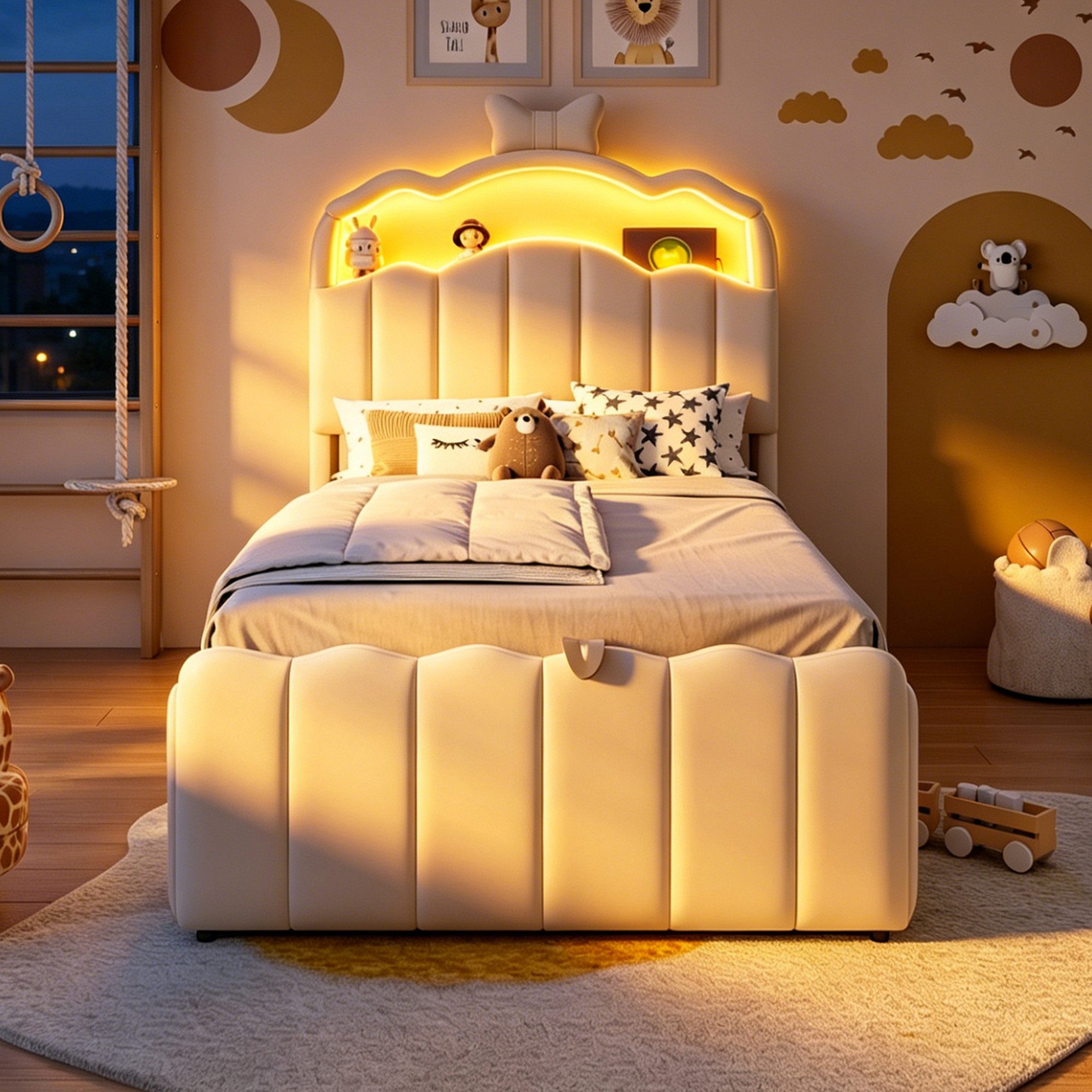 Merax Polsterbett mit LED-Kopfteil und USB & USB-C Anschluss, Samtbezug (1-tlg), Kinderbett 90x200cm mit hydraulischem Stauraum, aufklappbarem Kopfteil – Bild 2 von 5