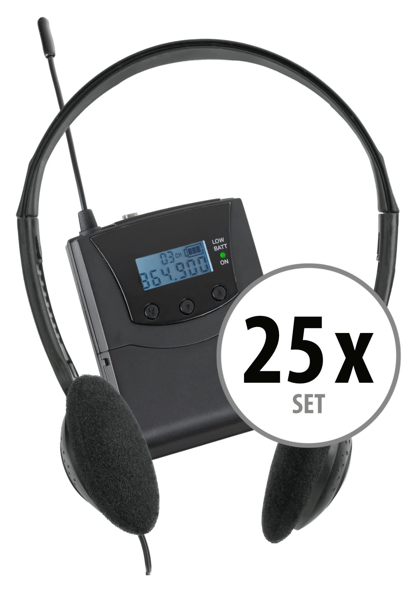 3 Economy (Dezentes UHF-Technik, inkl. empfangbare mit Bodypack-Receiver Guide Silent 25 Kopfhörer) Beatfoxx Stereo Funk-Empfänger, Kanäle Funk-Kopfhörer Set 25 V2 Tourguide-Set