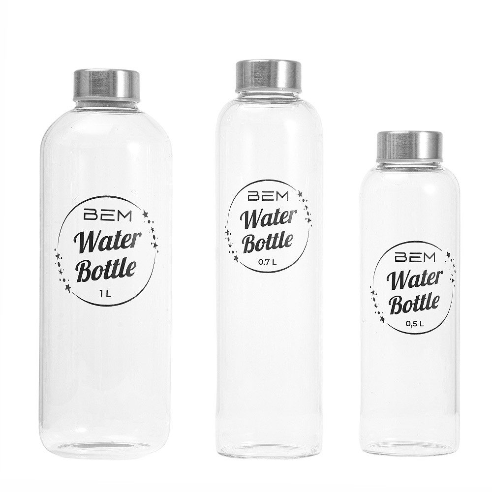 BEM Trinkflasche Water Bottle aus Glas mit Edelstahldeckel, BPA-frei Spülmaschinenfest Silikonhülle Borosilikatglas Wasser Flasche