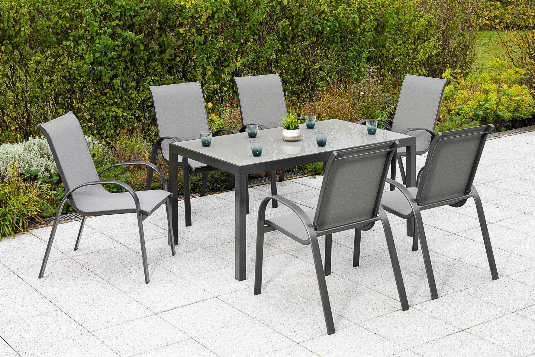 MERXX Garten-Essgruppe Amalfi, (Set, 7-tlg), 6 Sessel, stapelbar, Tisch 90x150 cm