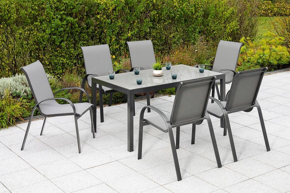 Tisch (Set, 7-tlg), stapelbar, Garten-Essgruppe Amalfi, MERXX 6 cm 90x150 Sessel,