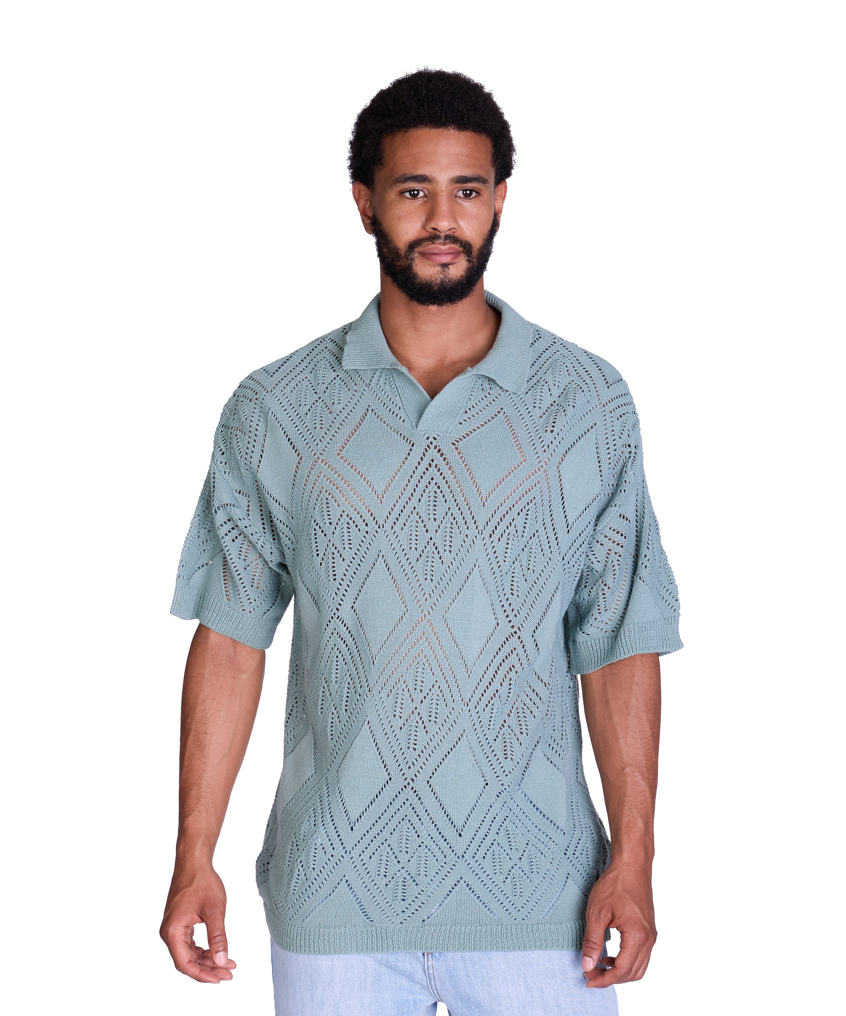 Denim House Poloshirt Lässiges Herren Oversized Sommer Feinstrick Poloshirt Grün L