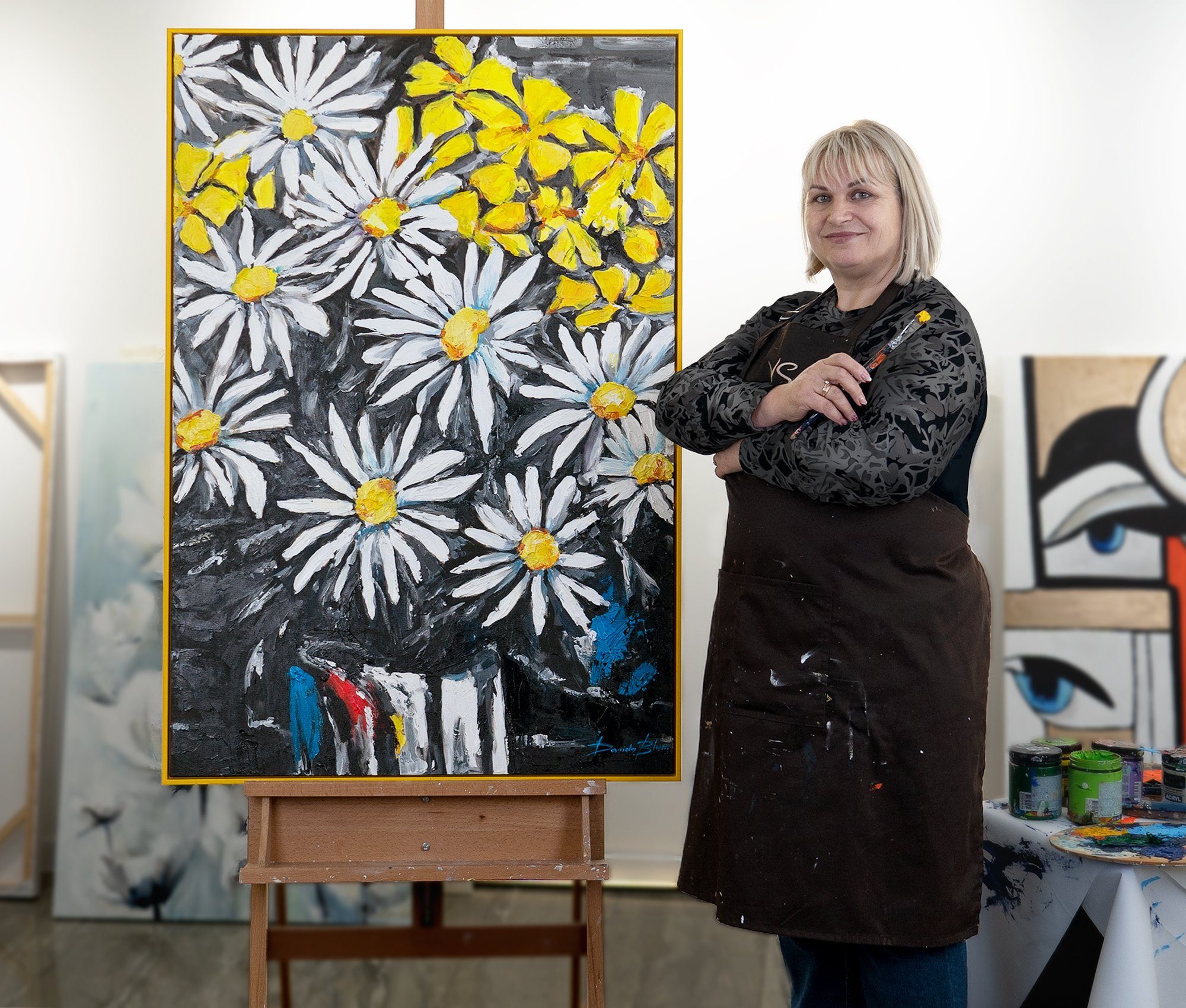 YS-Art Gemälde Schneeweiße Margeriten, Blumen Mit Rahmen in Gelb