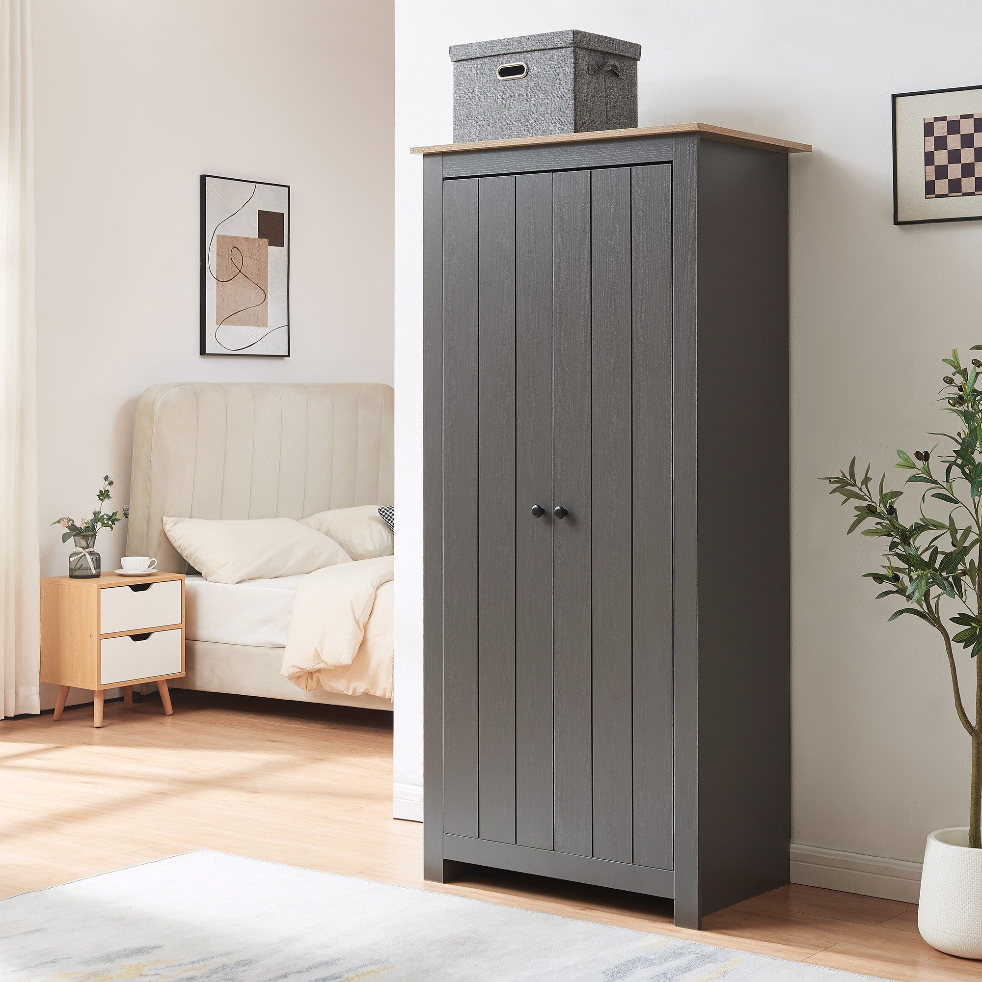 en.casa Kleiderschrank »Trorjam« mit 2 Türen und 1 Kleiderstange 175x80x52 cm Grau/Eiche