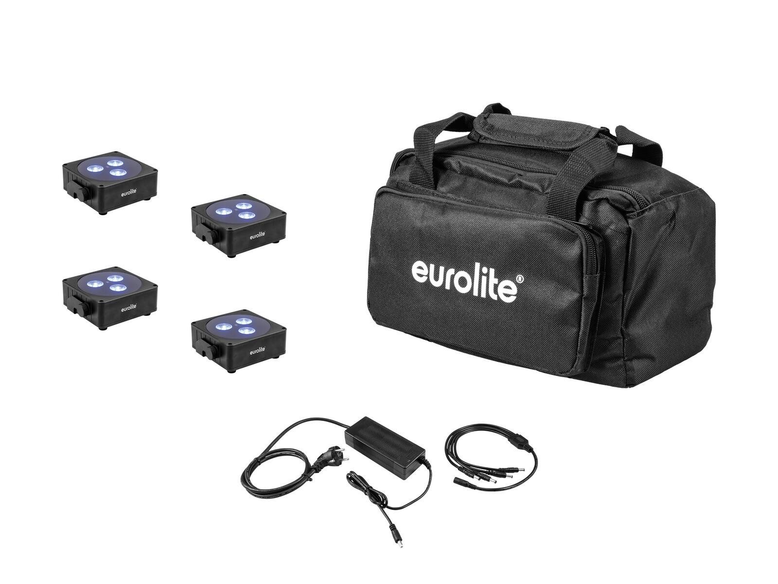 Discolicht EUROLITE Set 4x AKKU Flat Light 3 sw + Ladenetzteil + Soft-Bag