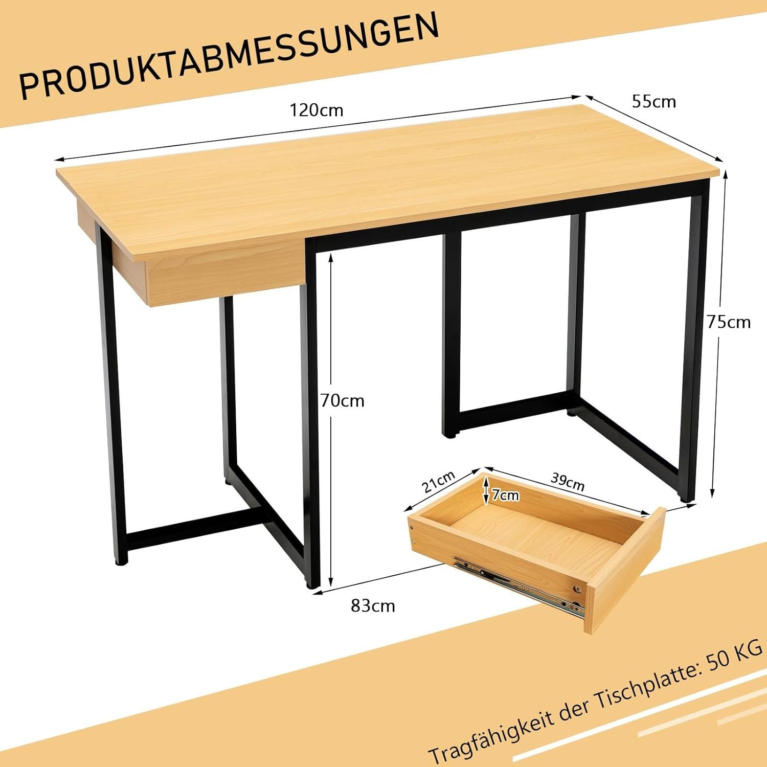 × cm Schreibtisch KOMFOTTEU mit & Fußpolstern, 120 Natur Computertisch, Metallrahmen 55