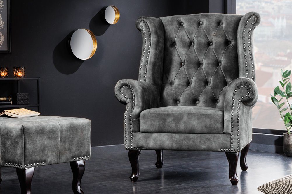 riess-ambiente Ohrensessel CHESTERFIELD 105cm grau / dunkelbraun (Einzelartikel, 1-St), Wohnzimmer · Samt · Holz · Relax · Schlafzimmer