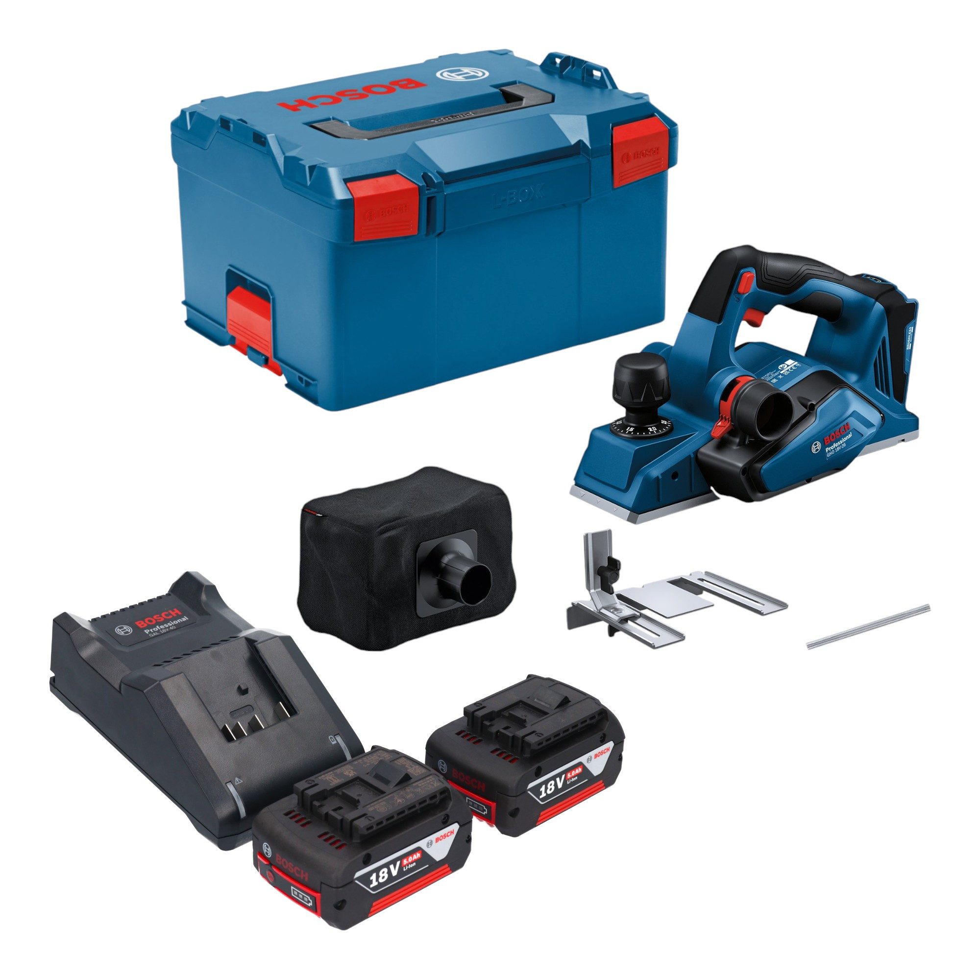 Bosch Professional Elektrohobel GHO 18V-26 Professional 18 V 2,6 mm + 2x Akku 5,0 Ah + Lader + L-Boxx