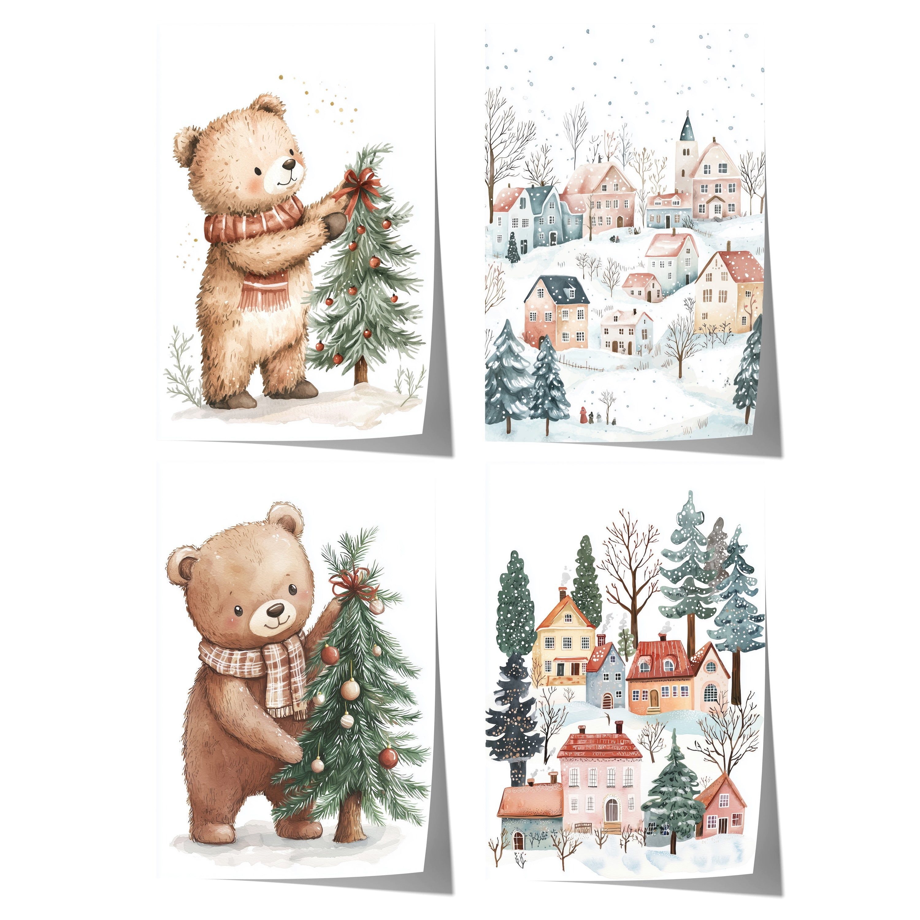 JUSTGOODMOOD Poster Weihnachten Kinderzimmer Süß Winter Aquarell Bär Dorf Kinderzimmer Bil, B (1 St)