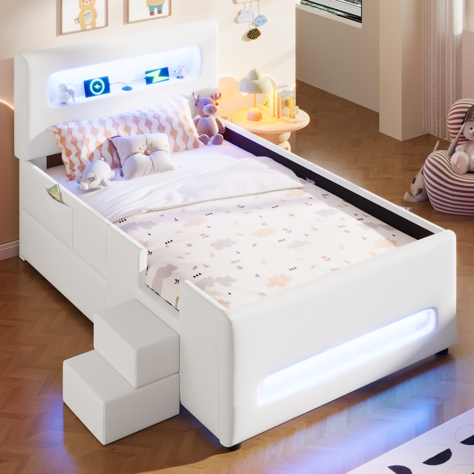 MODFU Kinderbett Modernes Komfortbett (mit LED-Leisten & Schublade,Kunstleder, 1-tlg., 218 x 97 x 95), mit Treppe